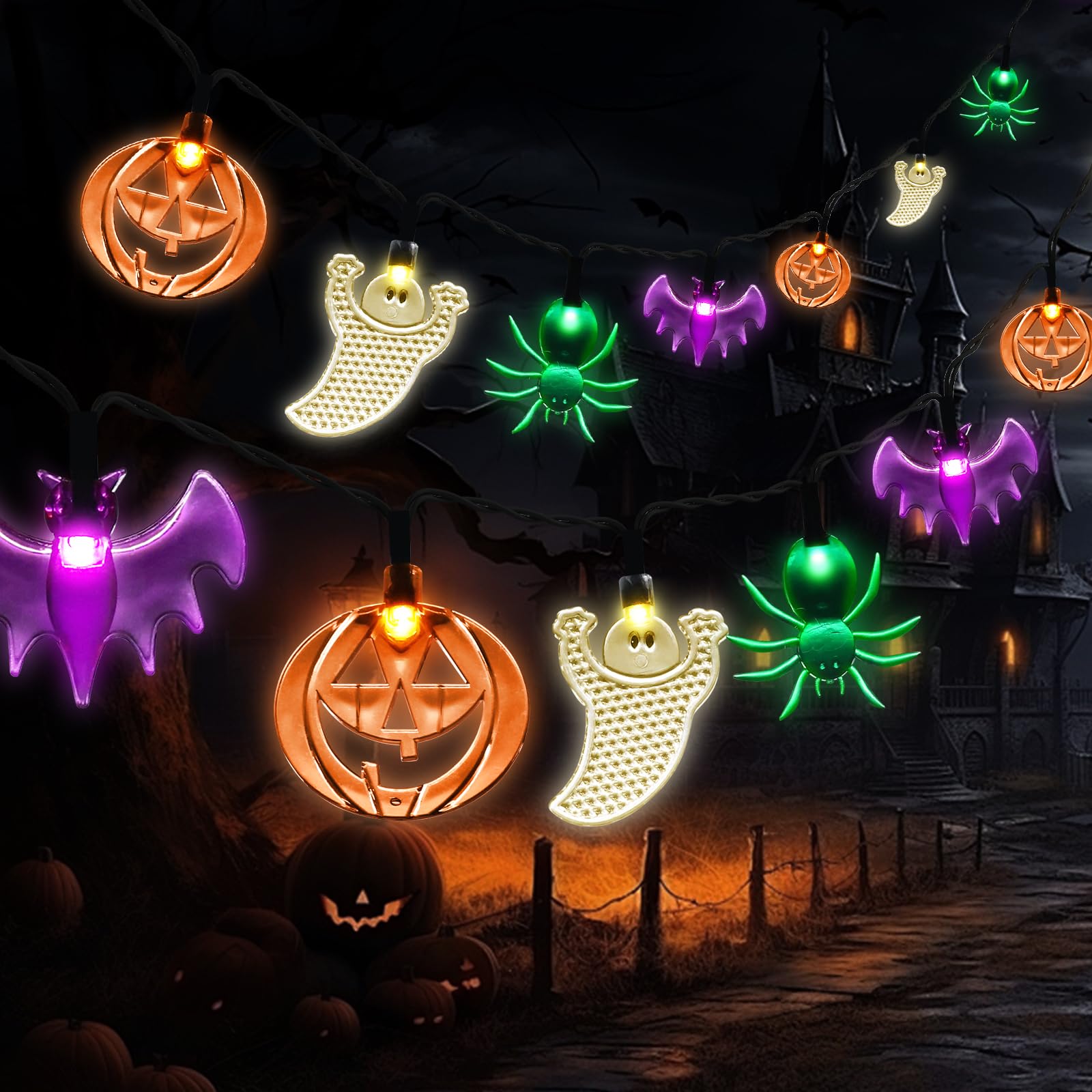 Betrihyes Solar Halloween String Lights Outdoor,Halloween Decorations Spooky Lights With 26Ft 40Led Pumpkin Bat Ghost Spider Magic Outside Decorations,Solar Halloween Lights For Home Party Yard Decor