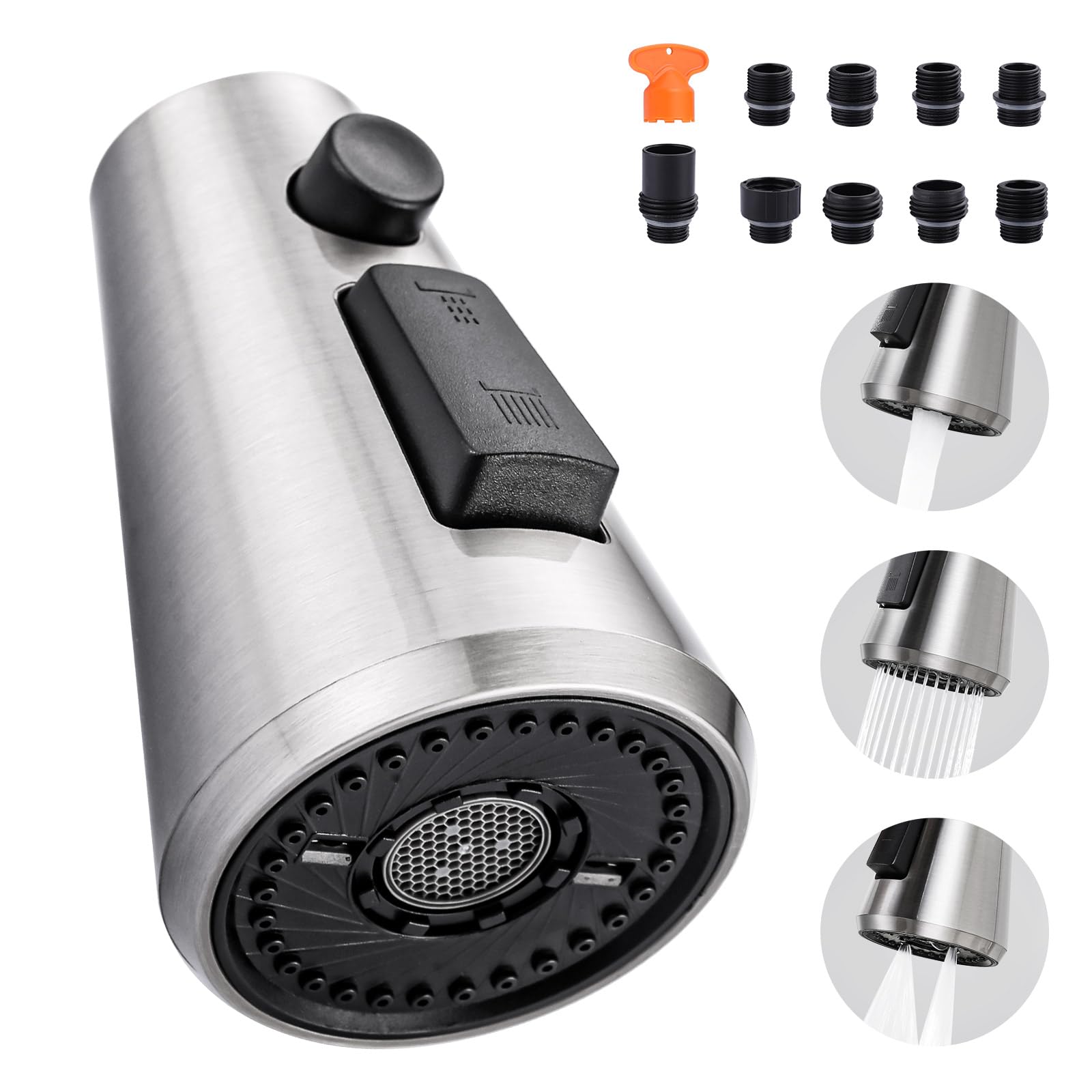 Aleasha Pull Down Spray Head For Kitchen Faucet,3-Function Sink Spray Nozzle With 9 Adapters,Kitchen Faucet Head Replacement Compatible With Moen,American Standard Faucets,Brushed Nickel