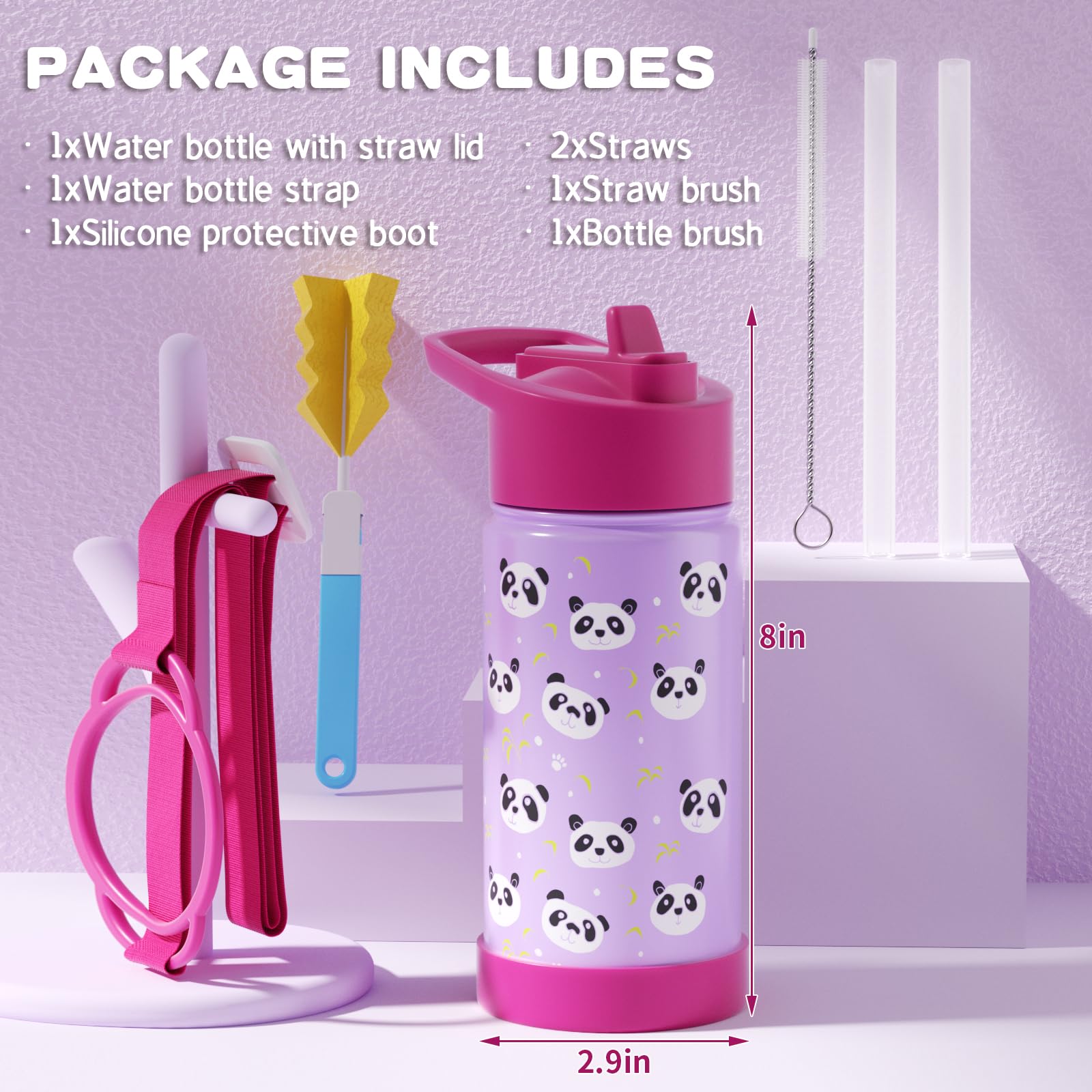 Kids Insulated Water Bottle With Straw Lid, 14Oz Double Wall Stainless Steel Cup With Boot & Strap