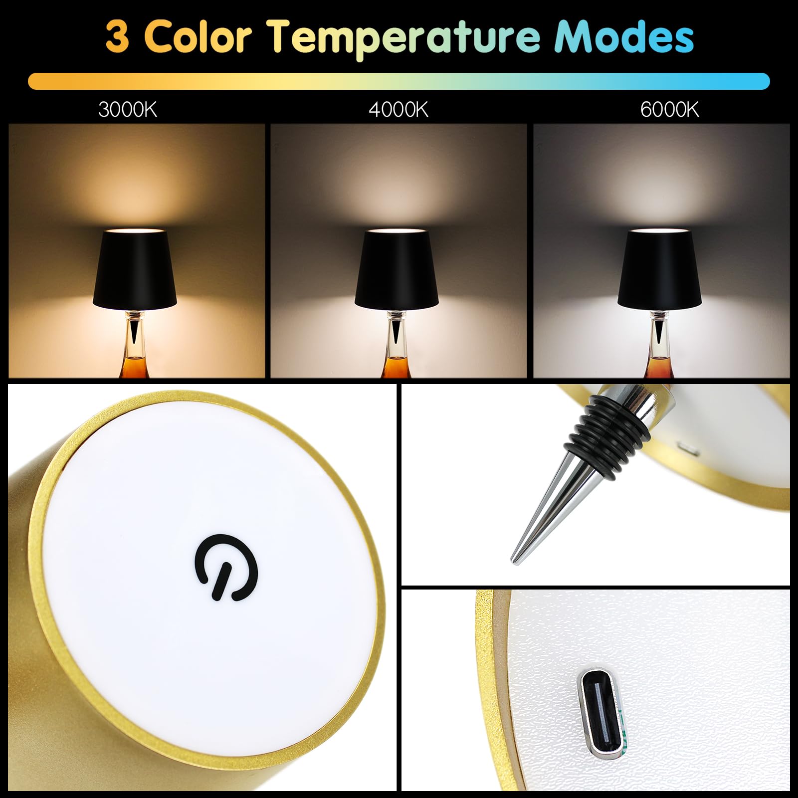 Puyttenpp Wireless Bottle Lamp,Wireless Bottle Lamp With 3 Modes Light Dimming, Touch Led Rechargeable Wine Bottle For Bars Restaurants Christmas Decoration (Gold)