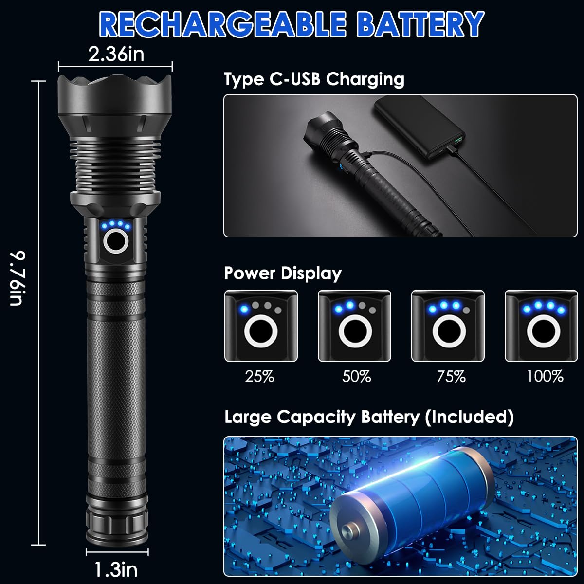 Zioeyiue Flashlights High Lumen Rechargeable, Heavy Duty 990000 Lumens Rechargeable Flashlights, Adjustable Focus Tactical Flashlight With 5 Modes, Super Bright Flashlight For Home Camping