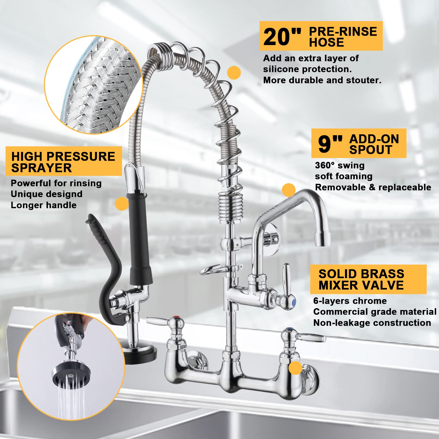 Palukia Commercial Sink Faucet With Sprayer - Wall Mount, Pre-Rinse Sprayer, 21" Height Commercial Kitchen Faucet, 8 Inch Center, 9" Spout, 20" Hose Pull Down Spray For Restaurant, Industrial
