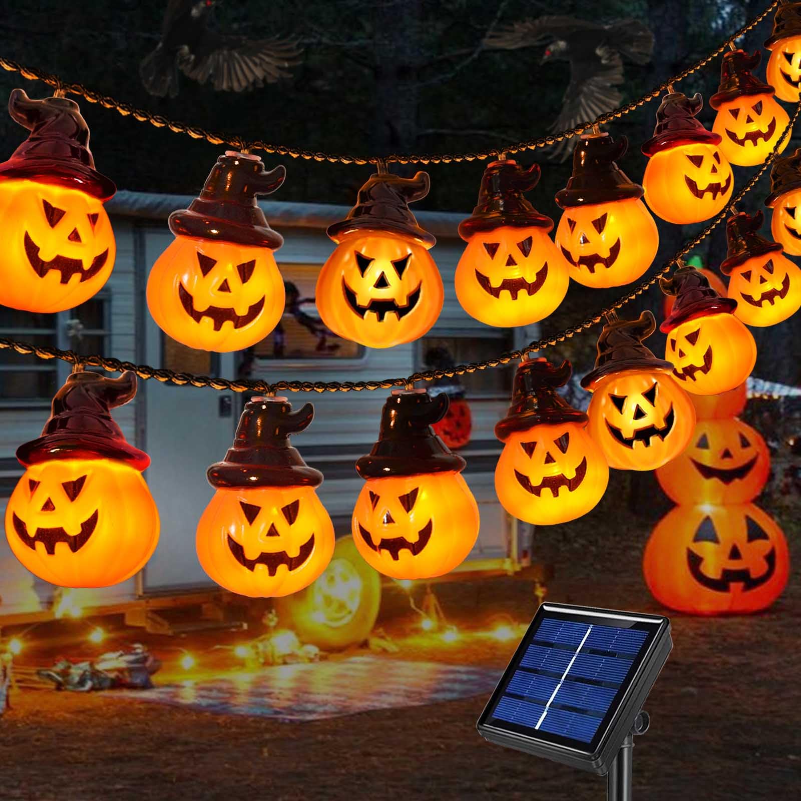 Abkshine Solar Pumpkin Lights - Spooky String Lights For Outdoor Halloween Decor, Porch, Camper, Tree