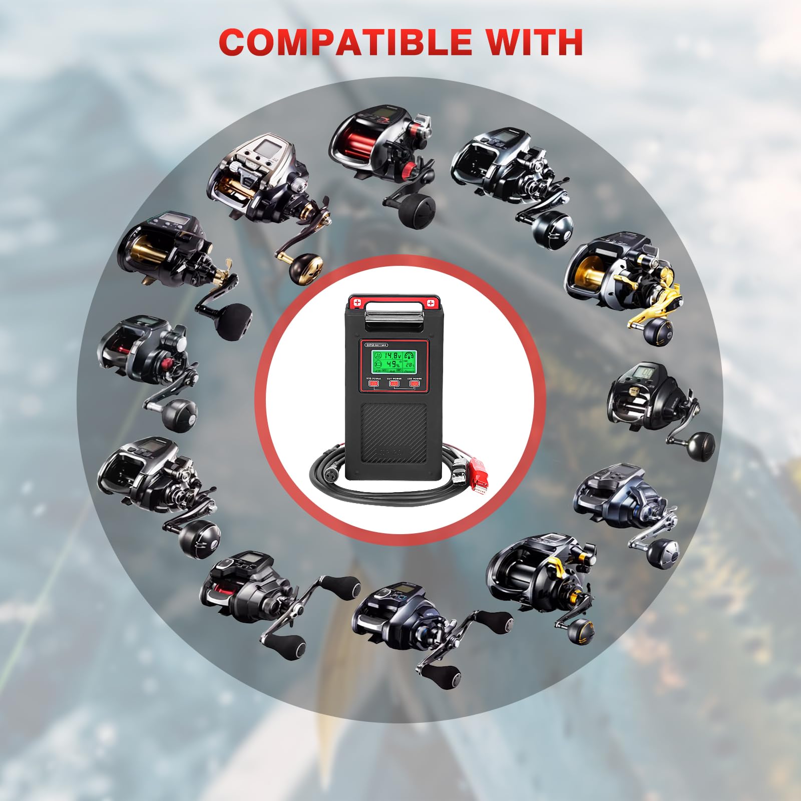 Yl-Hlot Electric Reel Battery. 14.8V 20000Mah. Includes 1.5M Connecting Cable. Power Output. Usb Port. Display. Three Modes Turn On Or Off Individually. Smarter Battery Make Fishing More Fun.