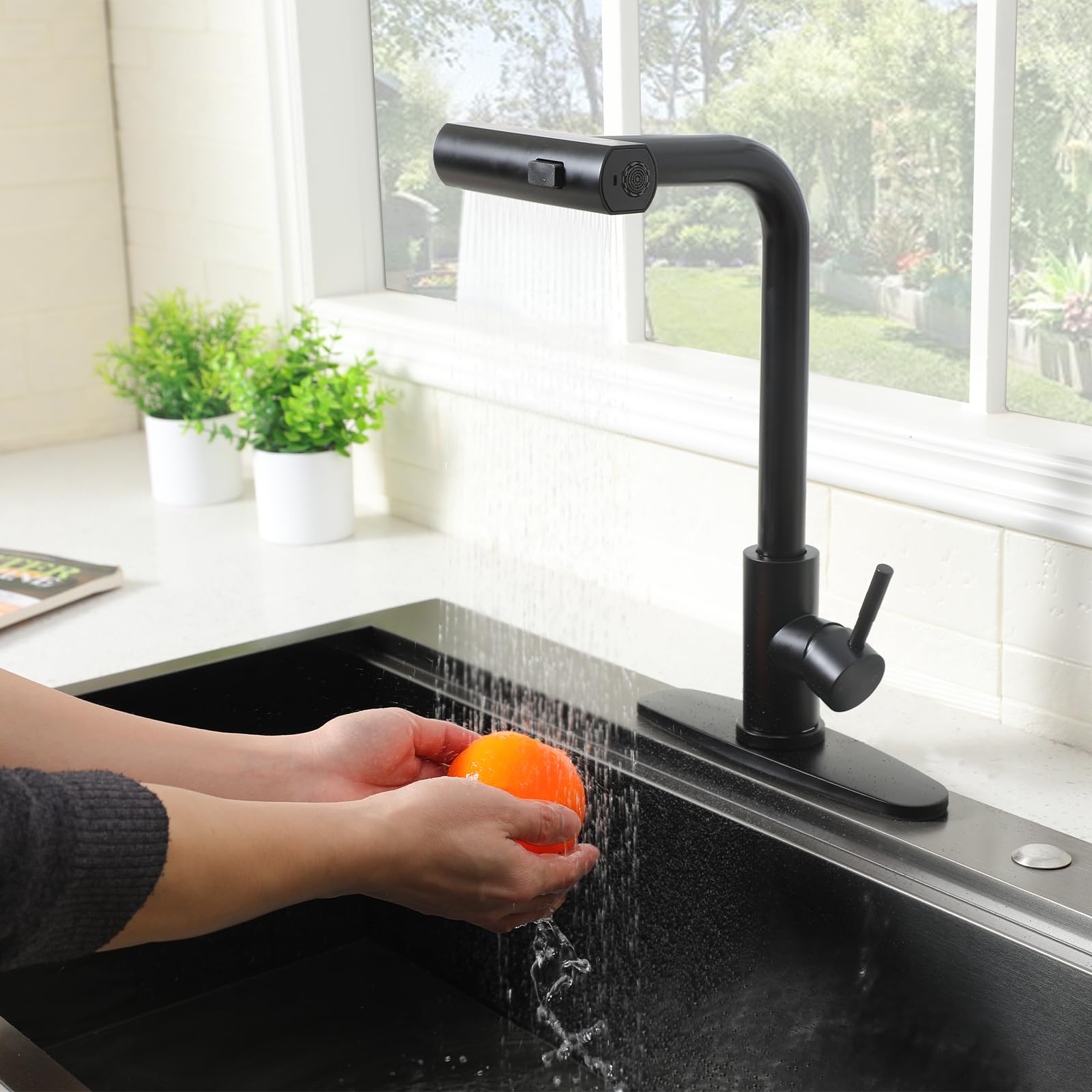 Hotis Home Hotis Black Kitchen Faucets With Pull Down Sprayer, Stainless Steel Single Handle Matte Black Kitchen Sink Faucet, Sink Faucet For Farmouse Camper Rv Bar, Suitable For 1 Or 3 Hole Installation