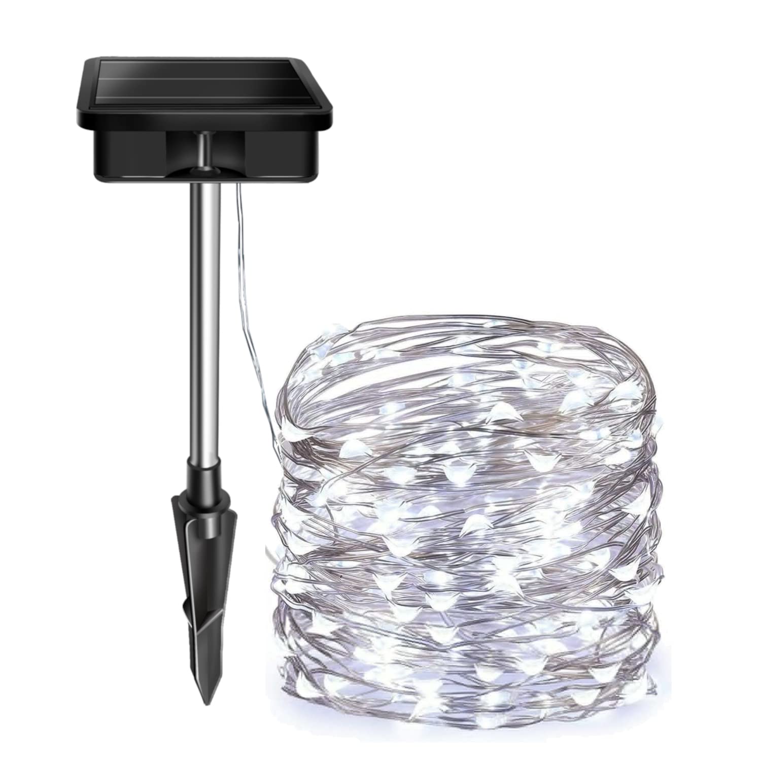 Hunnykome Zip Tie Mounted 100 Led Solar Powered String Lights, 20 Ft Silver Wire, Stake Or Zip Tie, Solar Fairy Lights Outdoor Waterproof For Garden, Patio, Party, Christmas, Home (Cool White 6000K)