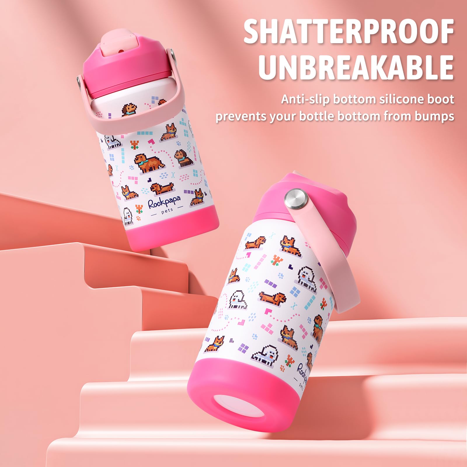 Rockpapa Kids Insulated Water Bottle With Straw,-, 18/8 Stainless Steel, Leak Proof, 14Oz M