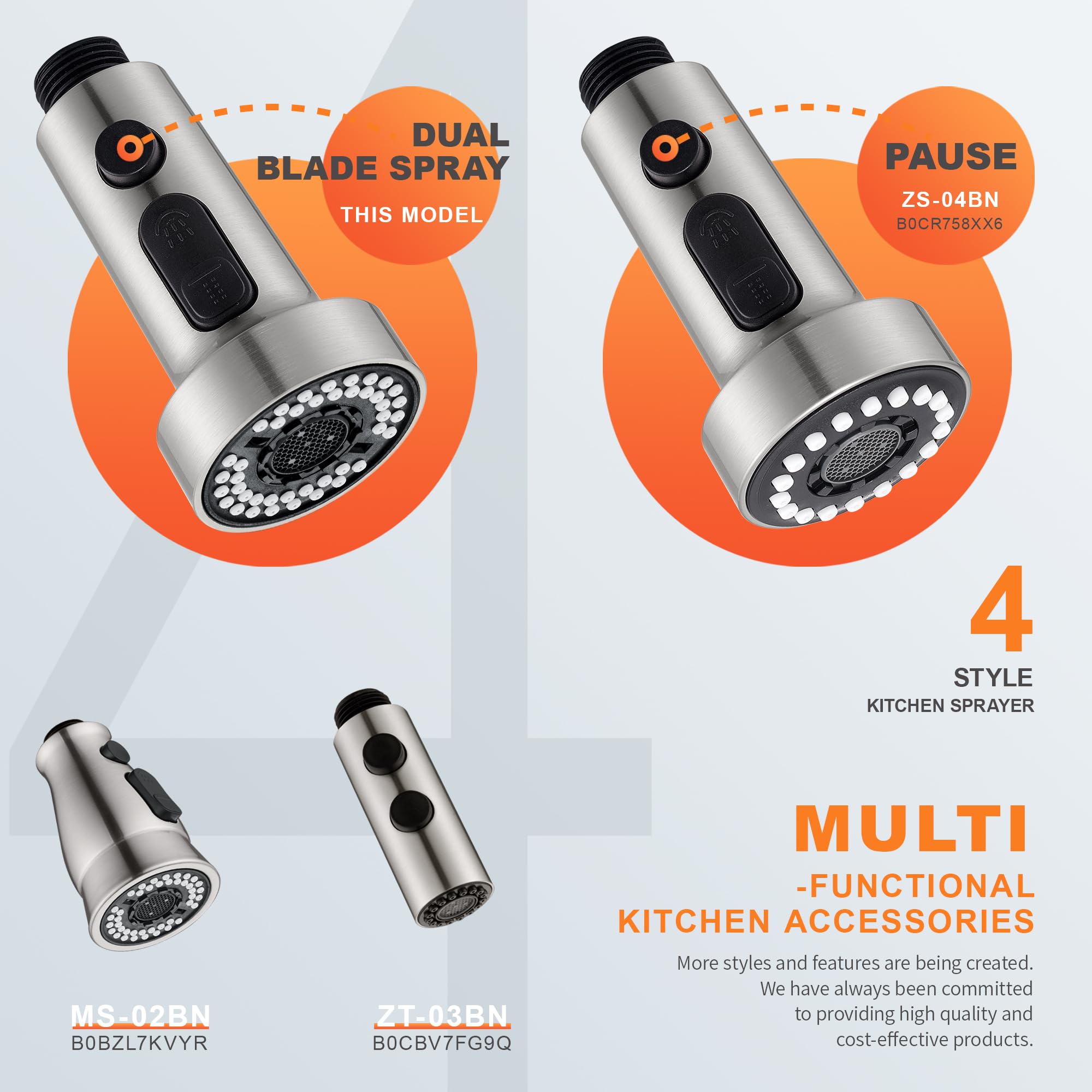 Tioriy Pull Down Spray Head Replacement - For Kitchen Faucet Sprayer Head With 15 Adapters, 3 Function Pull Out Faucet Spray Nozzle, Brushed Nickel