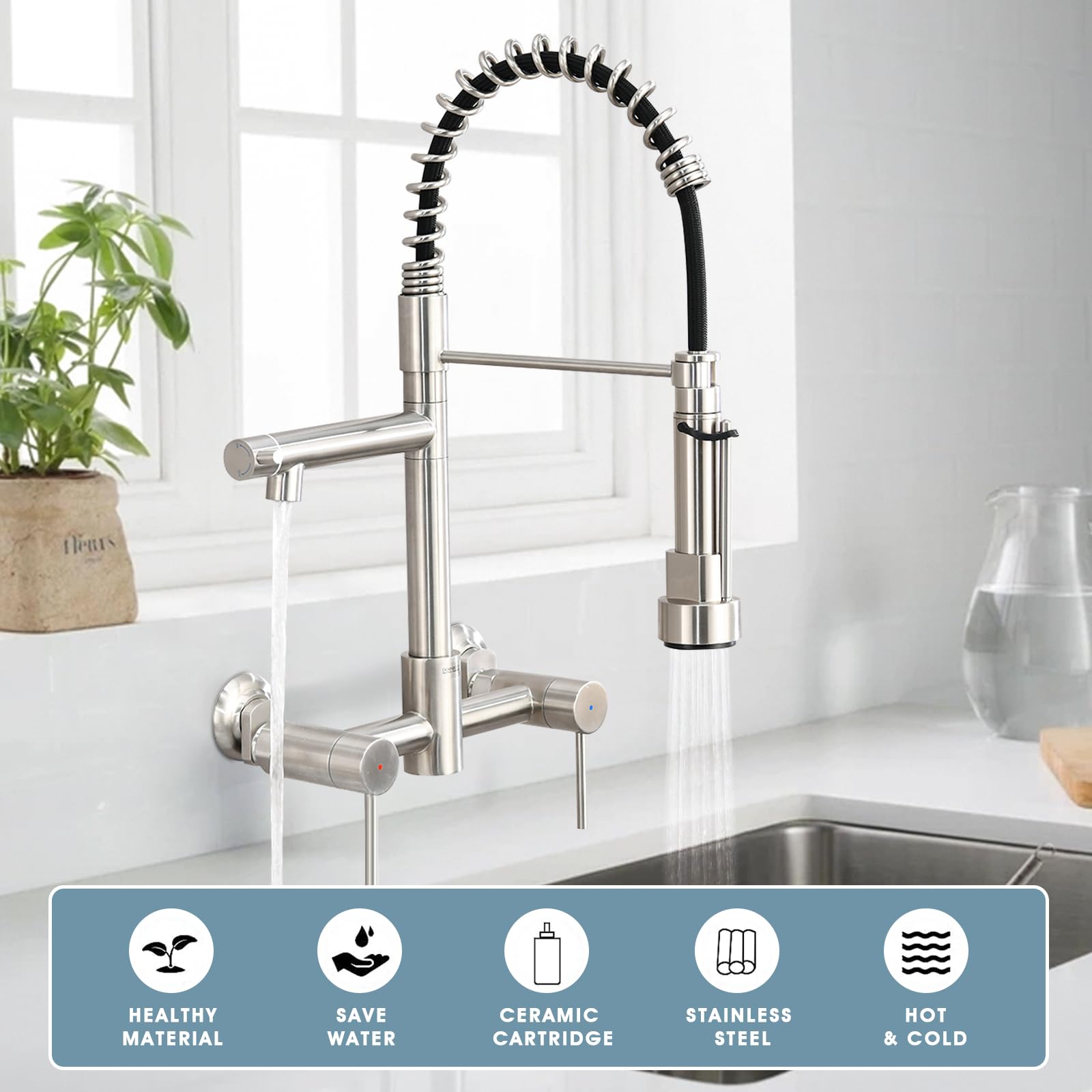 Demiinus Wall Mount Kitchen Faucet With Pull Down Sprayer, 8 Inch Center Commercial High Arc Kitchen Sink Faucet, 2 Handle Wall Mount Faucet For Kitchen Sink, Brushed Nickel