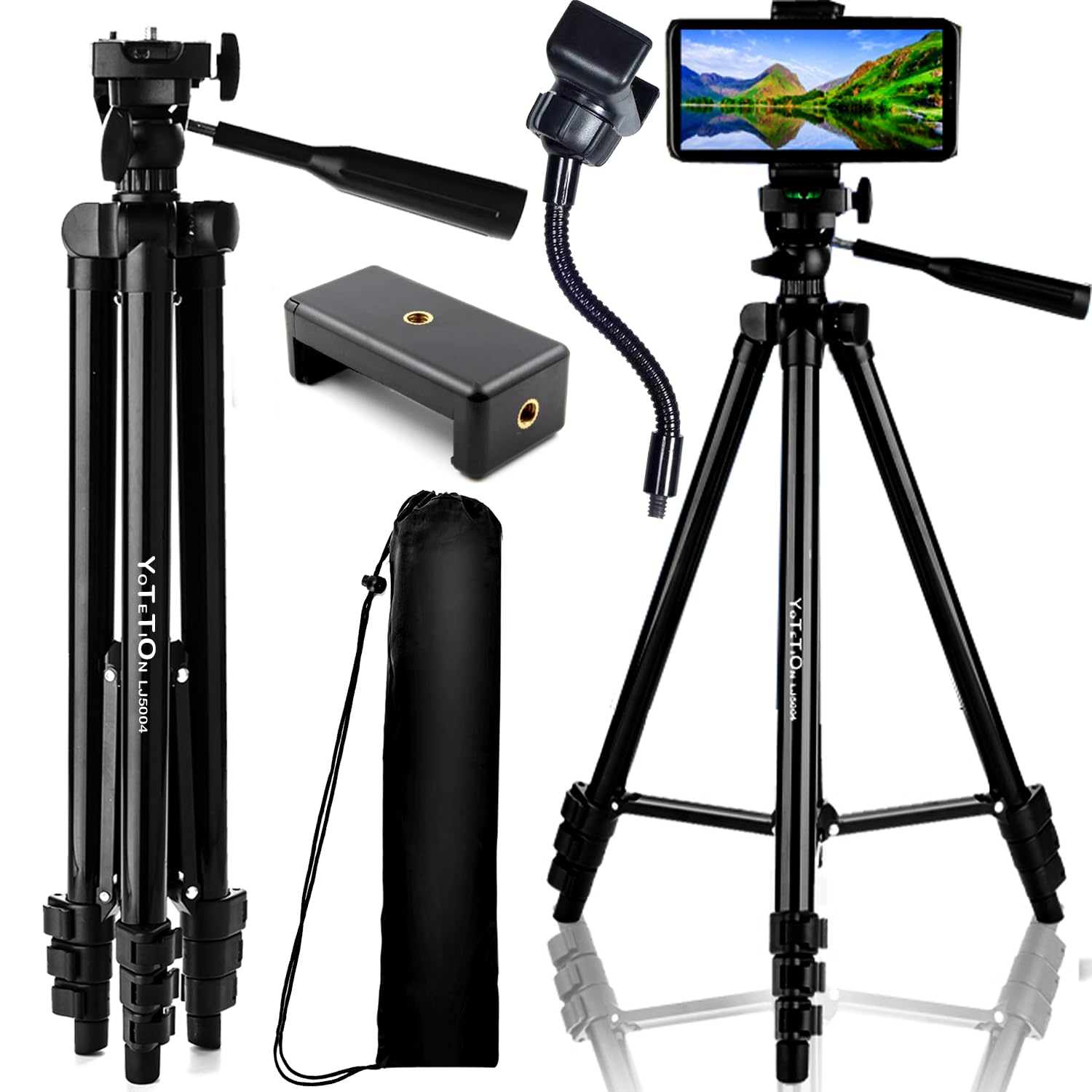 Yotetion 60" Aluminum Phone & Camera Tripod With Gooseneck Stand, Extendable Cell Phone Tripod Stand Compatible With Iphone/Android/Action Camera Is Perfect For Live Streaming/Video Recording/Selfies