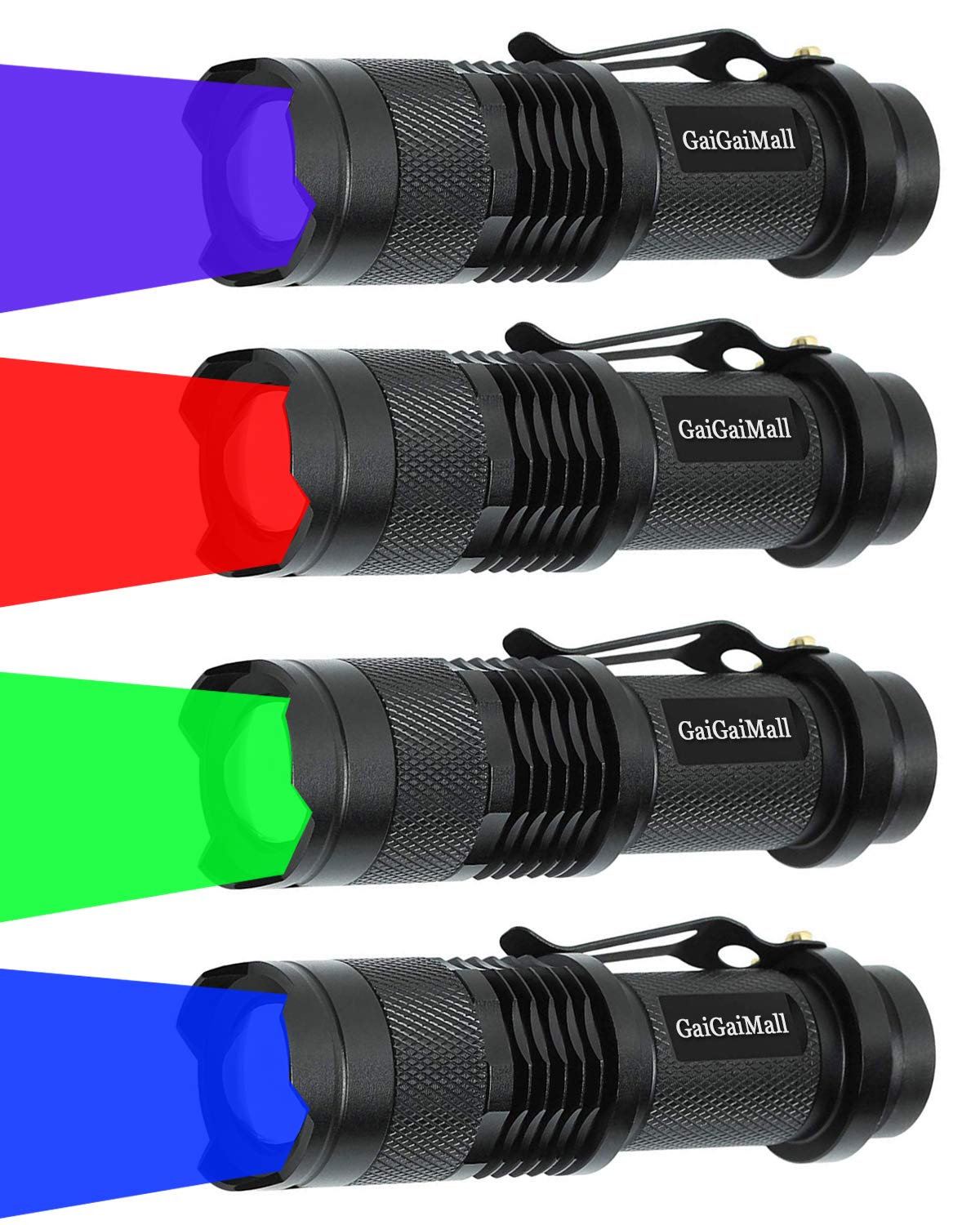 Gaigaimall 4 Colors Flashlights Including Red Green Blue Black Light Flashlight, 3 Mode Zoomable Led Hunting Torch, 4 Pack