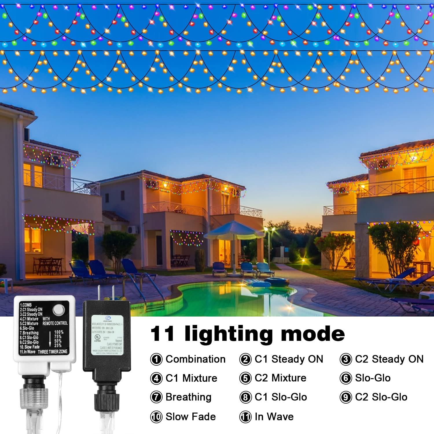 Zhenqiu Led Christmas Lights Outdoor, 34Ft 380 Leds Christmas Half-Round String Lights, Extendable Plug In 8 Modes Waterproof Christmas Decoration For Yard Eaves Fence Roofing Wedding Party Decor