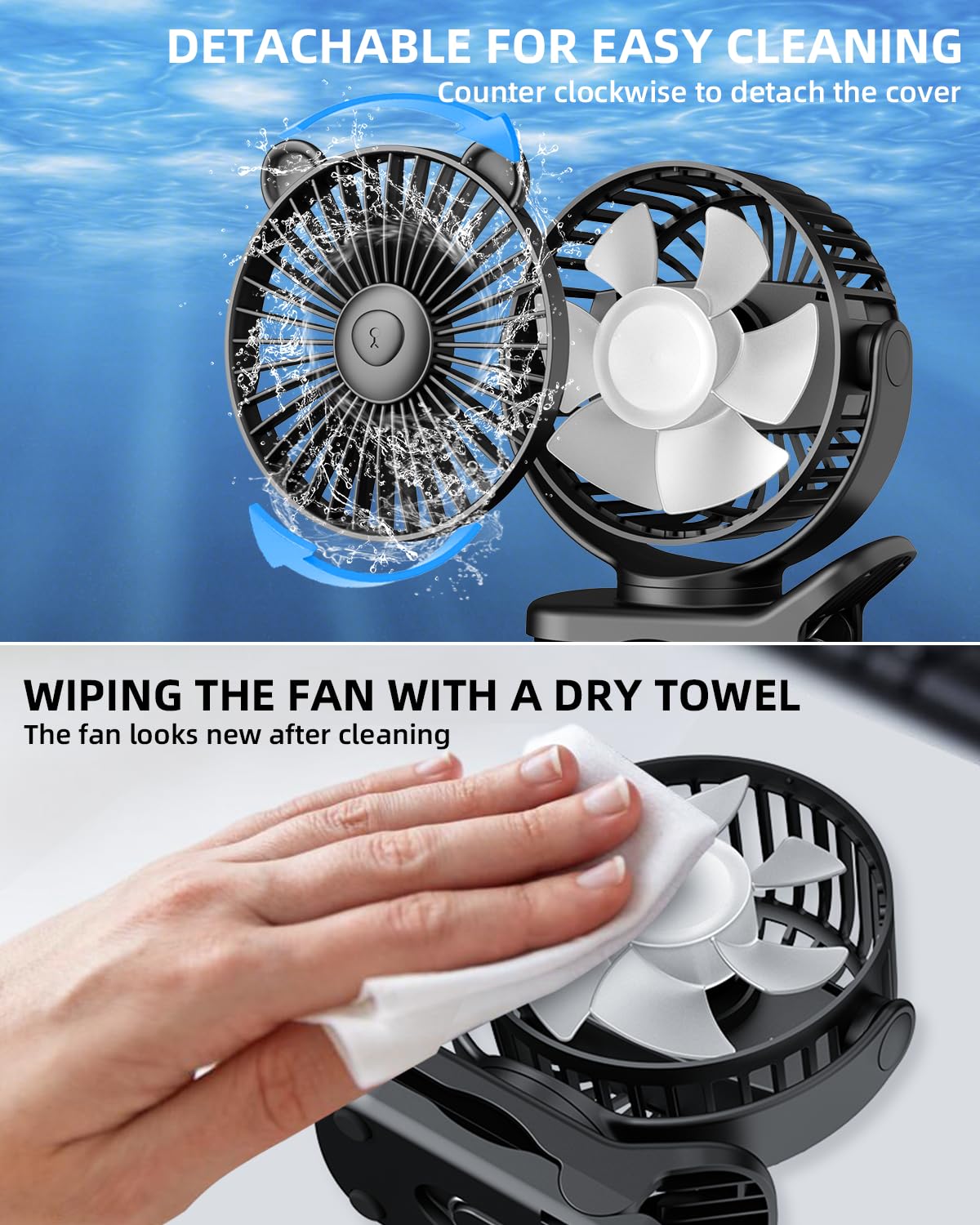 Kidee Portable Clip On Fan, Small Desk Fan Battery Operated, 360° Rotation, Cute Design, 3 Speed