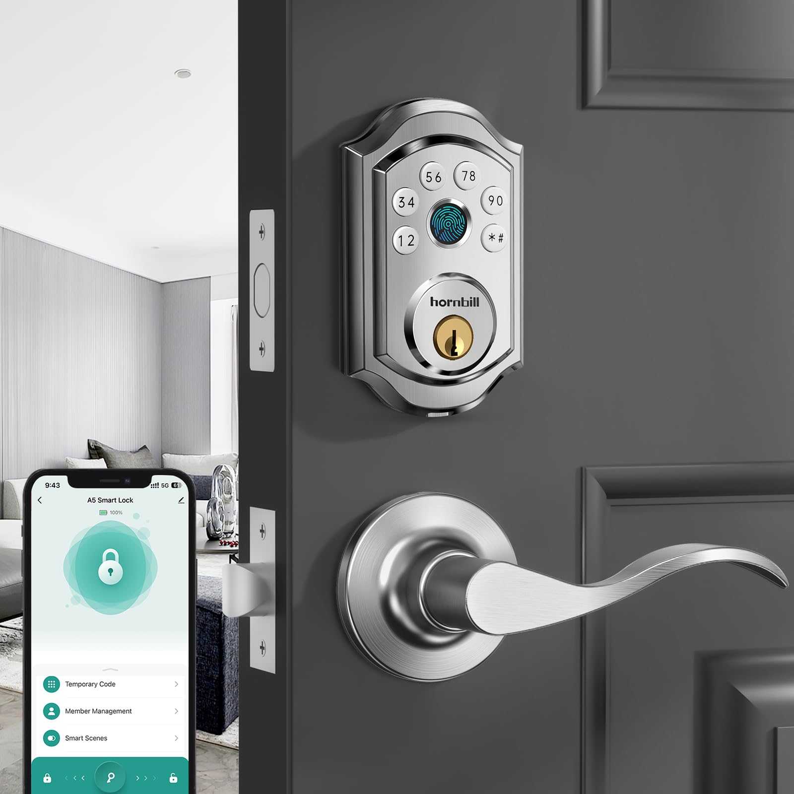 Hornbill Smart Front Door Lock Set: Silver Keyless Entry Door Lock With Handles Fingerprint Electronic Digital Deadbolt Lock With Keypad Code App Alexa Auto Lock For House Apartment