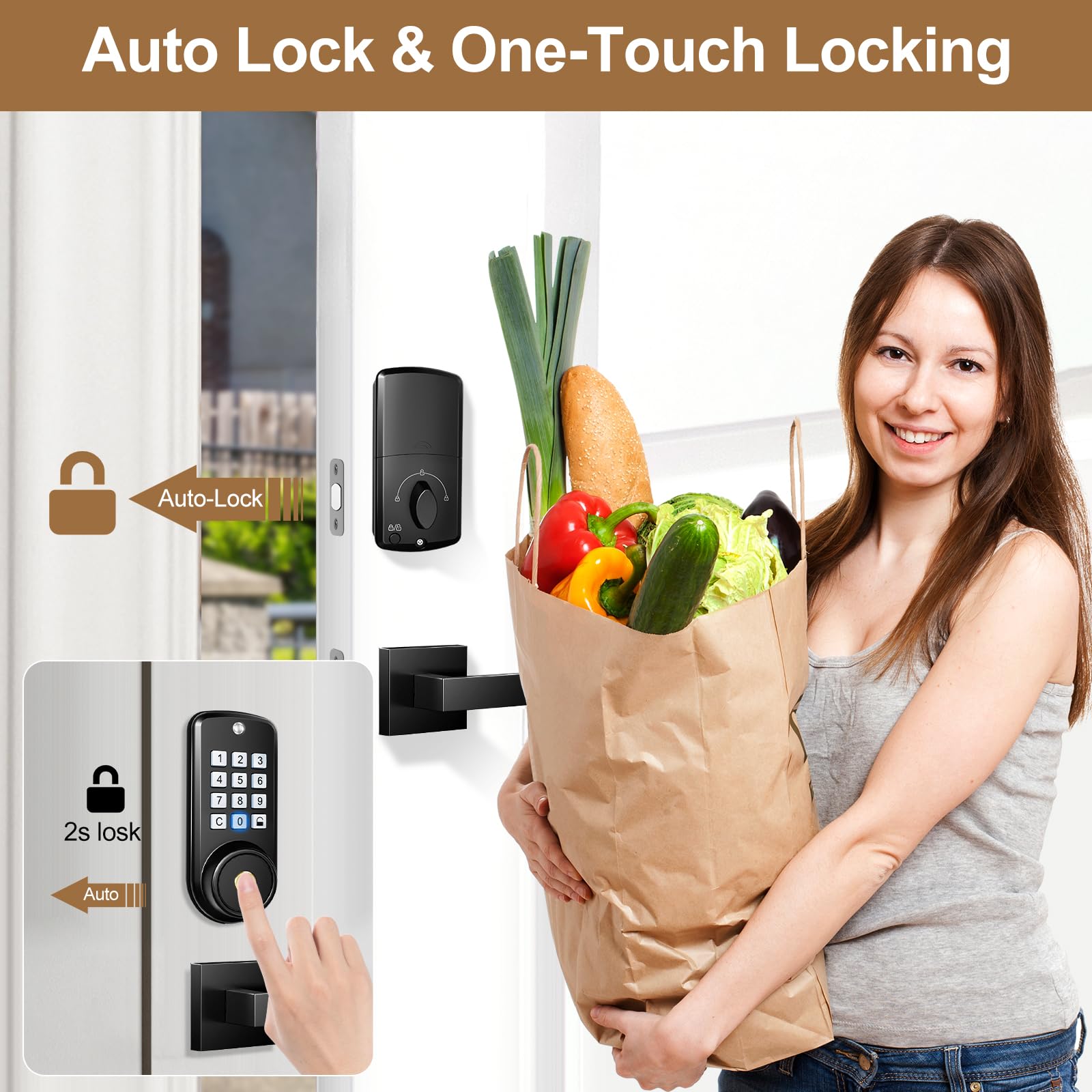 Dinstech Keyless Entry Door Lock With 2 Lever Handles, Electronic Keypad Deadbolt, Auto-Locking, Anti-Peeping Password, Front Door Handle Sets, Easy Installation Design, Matte Black