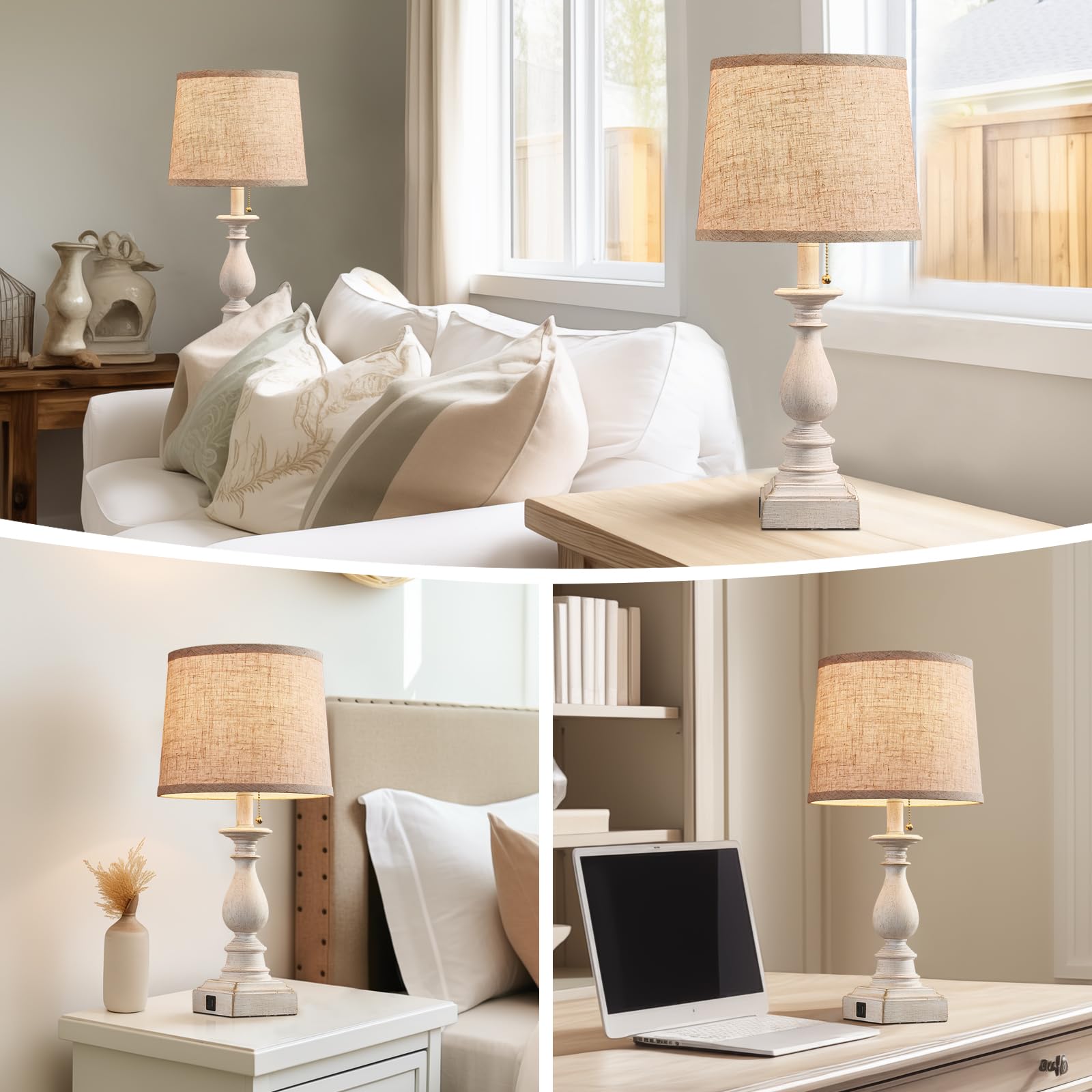 Huitico 21.5'' Bedside Table Lamps For Bedroom Set Of 2 Nightstand Lamps With Usb A + C Charging Ports Modern Farmhouse Small Table Lamps For Living Room End Tables, White, Bulbs Not Included