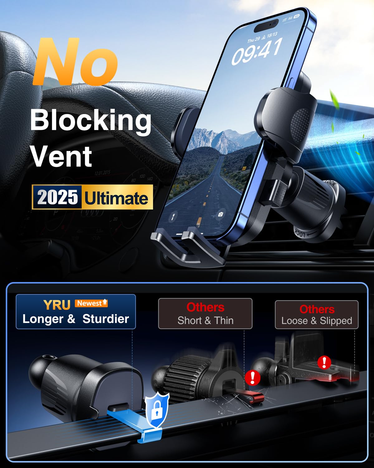 Yru ใ Military-GradeใPhone Holders For Your Carใ 90+Lbs Strongest Suction & ClipใCell Phone Mount Dashboard Windshield Vent Truck Automobile Cradle For Iphone 16 Pro Max 15 14 13 Android,Black