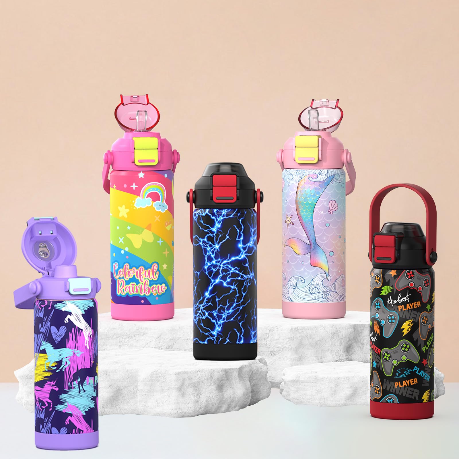 Boys Insulated Water Bottle With Pop-Open Straw & Spout 2-In-1 Lid,18Oz Kids Cups With Stainless