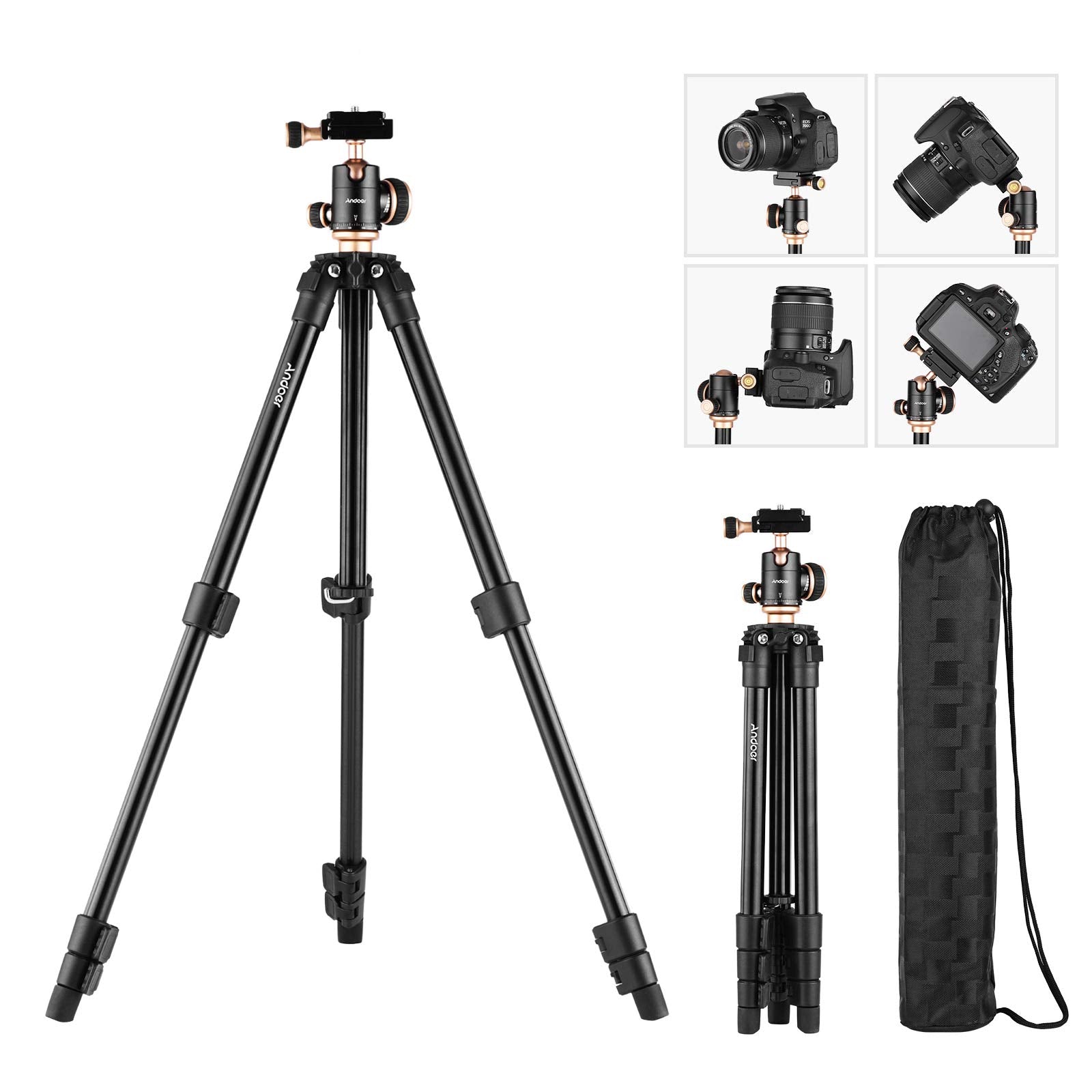 Andoer Q160Sa Camera Tripod Complete Tripods With Panoramic Ballhead Bubble Level Adjustable Height Portable Travel Tripod For Dslr Digital Cameras Camcorder Compatible With Canon Nikon Sony