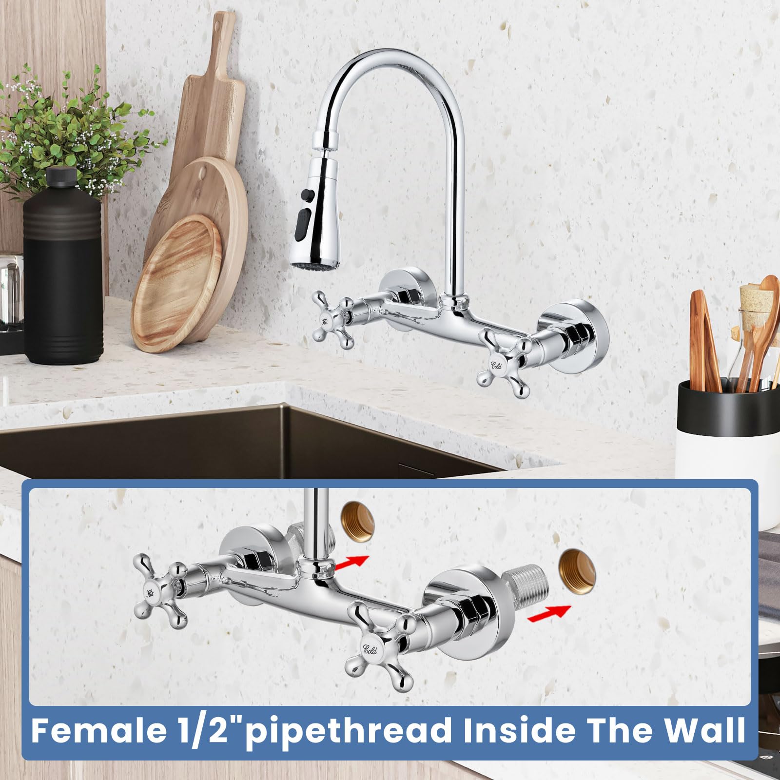 Airuida Wall Mounted Kitchen Faucet 8 Inch Center With 3 Functions Sprayer 360 Degree Swiveldouble Cross Handles Kitchen Faucets Restaurant Utility Laundry Commercial Mixer Tap Chrome Polish