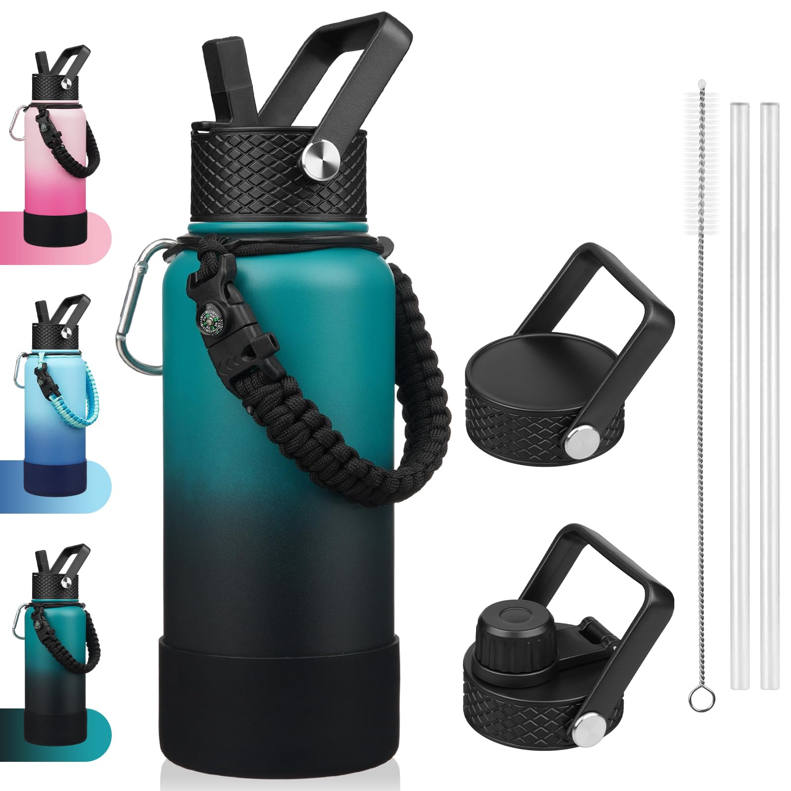 Bjpkpk 32Oz Insulated Water Bottles With 3 Lids, Paracord Handle & Non-Slip Boot, Stainless Steel