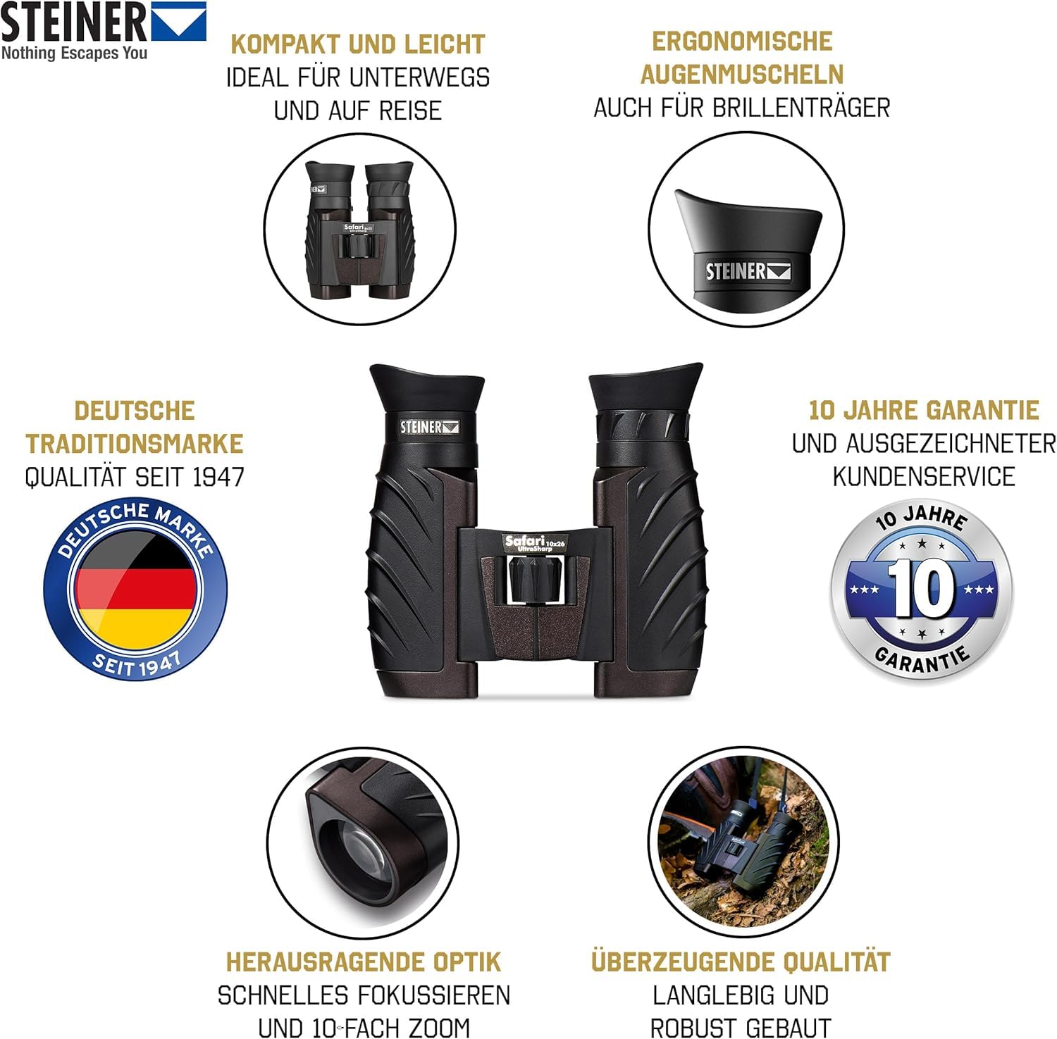 Steiner Safari Ultrasharp 10 X 26 Binoculars, Compact, Large Magnification, Robust, Waterproof, Ideal For Travel, Hiking, Concerts, Sports And Nature Observation