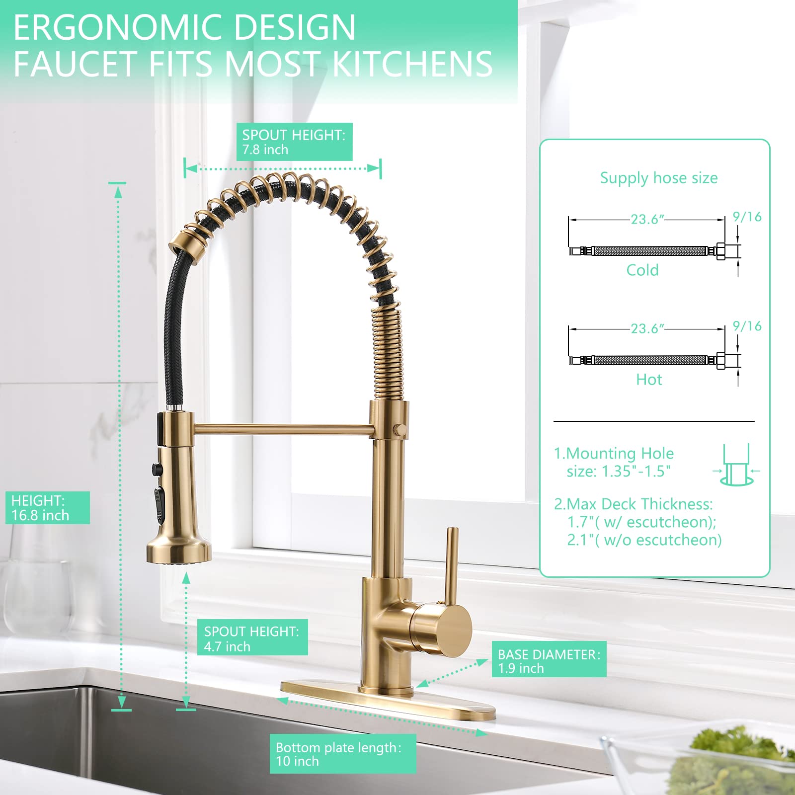 Aimadi Gold Kitchen Faucet With Pull Down Sprayer,Commercial Single Handle Brushed Gold Kitchen Sink Faucet With Deck Plate