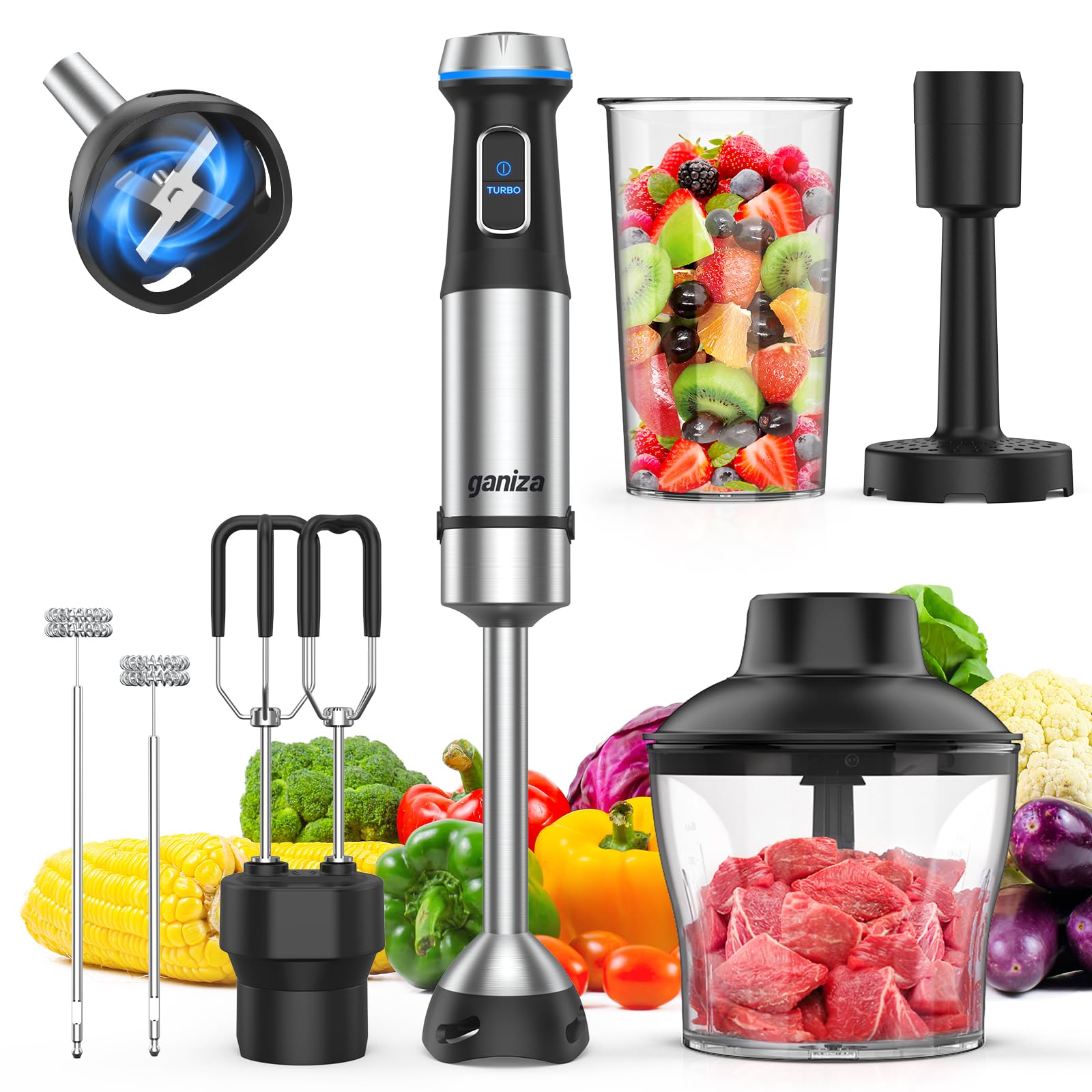 Ganiza Immersion Blender Handheld, 6 In 1 Hand Blender Stainless Steel Blade, 15 Speed Stick Blenders Electric, 800Ml Mixing Beaker, 600Ml Chopper, Whisk, Frother, Potato Masher