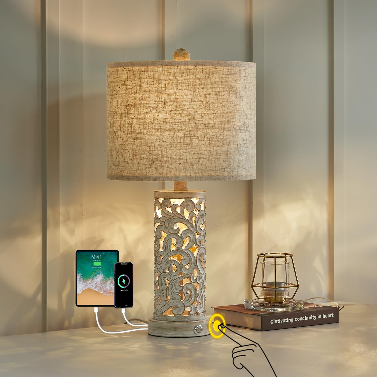 Oyears 3-Way Dimmable 22'' Usb A+C Touch Control Table Lamp With Nightlight For Living Room Bedroom Farmhouse Bedside Nightstand Lamps (Bulb Included)