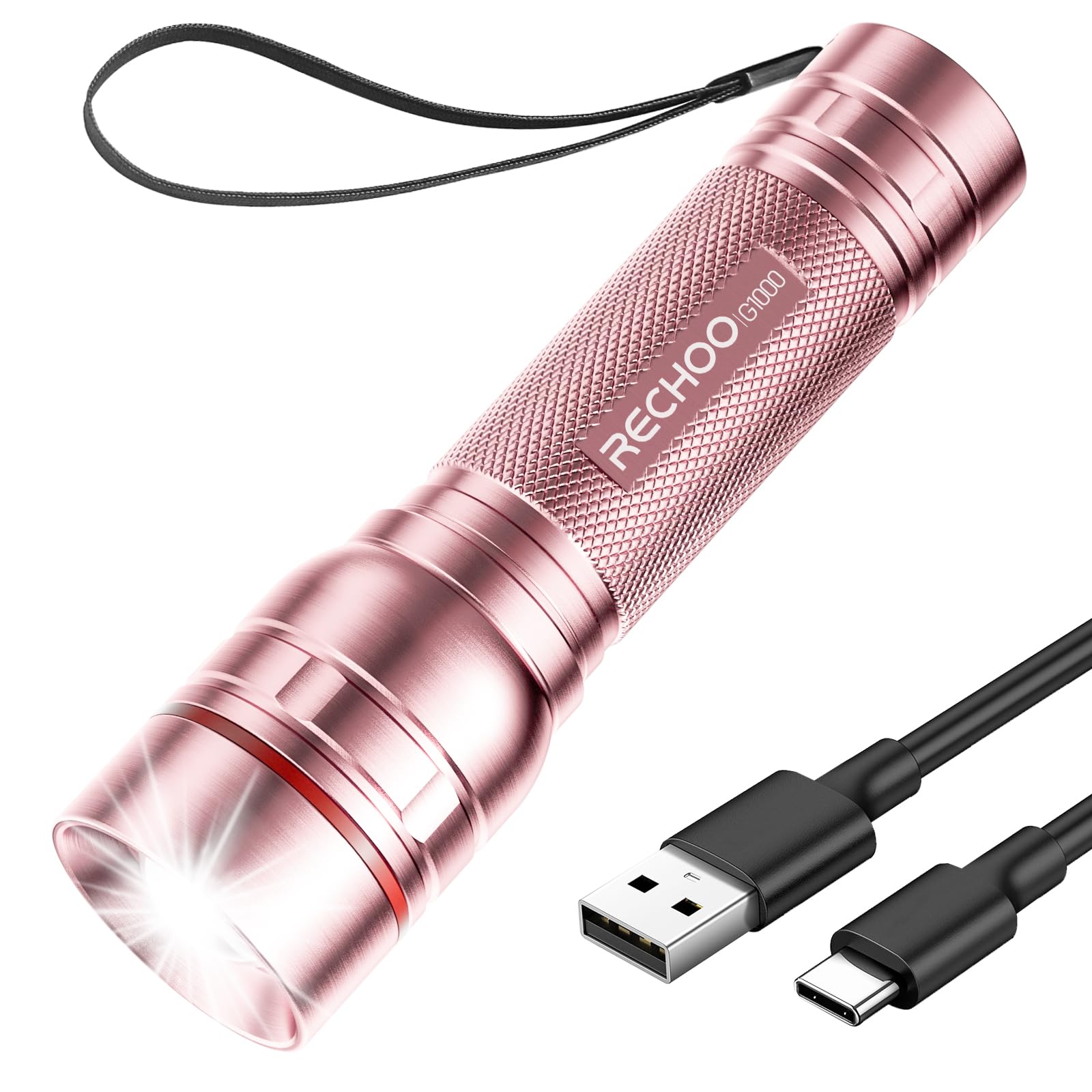 Rechoo Rechargeable Flashlights High Lumens, G1000 Super Bright Flash Light Pink, Small Zoomable Led Flashlight With 3 Lighting Modes, Portable Tactical Flashlight For Camping Essentials,  For Women