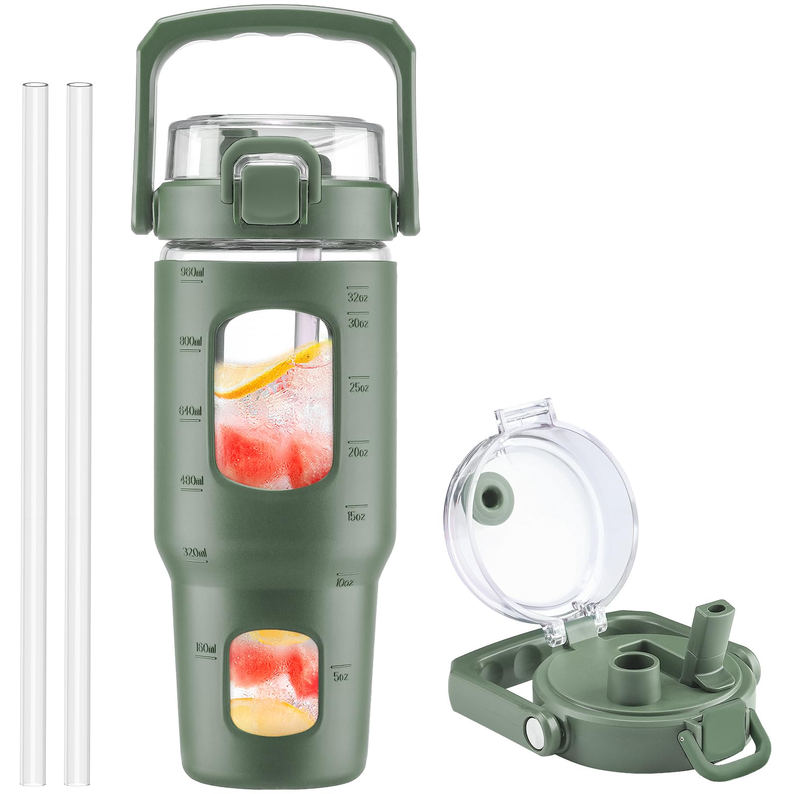 Bluego 32Oz Glass Water Bottle With Handle And StrawLeakproof Sports Glass Bottle With Time Marker