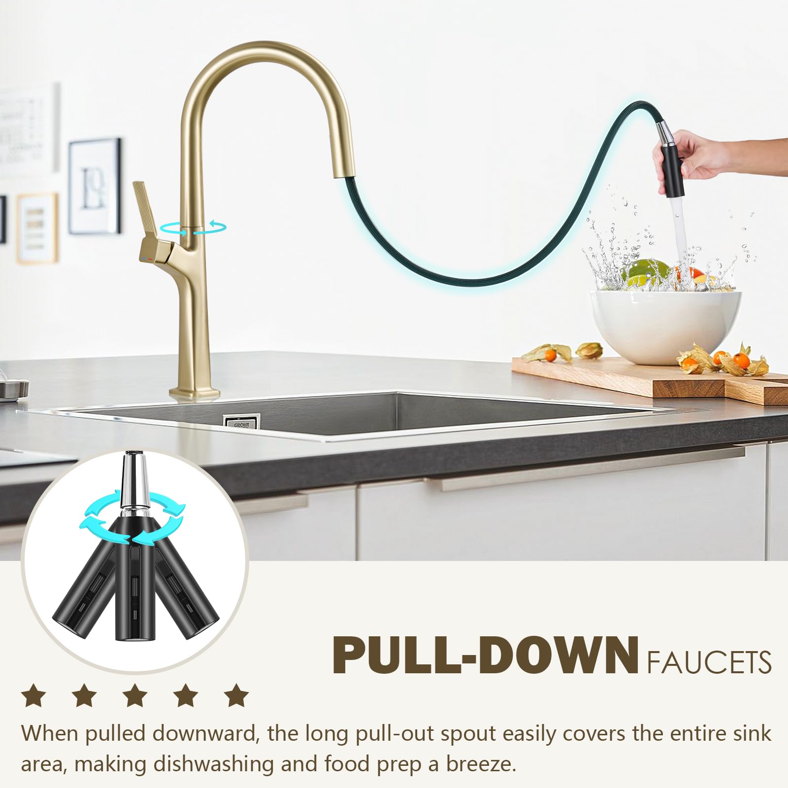 Aection Brushed Gold Kitchen Faucet With Pull-Down Sprayer, High Arc Brass Single Handle Faucet Fits 1 Hole Kitchen Sinks, Bars, Rvs, And Laundry Rooms (Without Deck Plate)