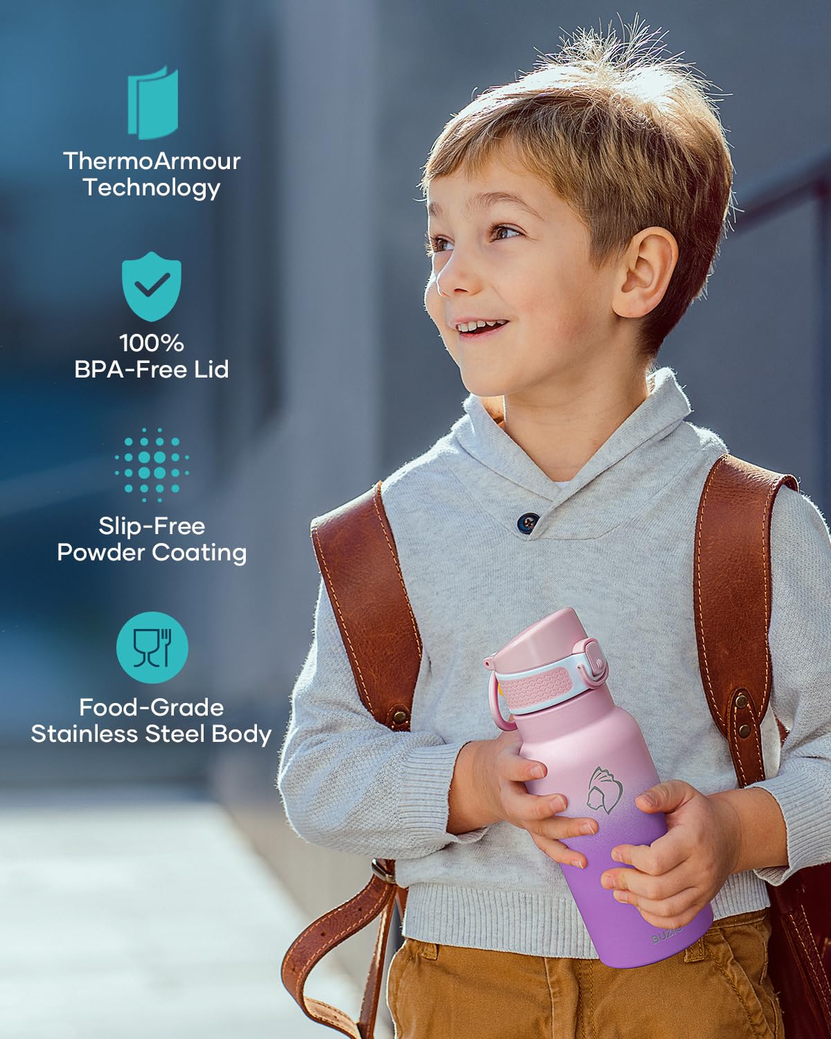 18Oz Kids Insulated Water Bottle For School, Buzio Water Flask With Straw Lid- Vacuum Stain