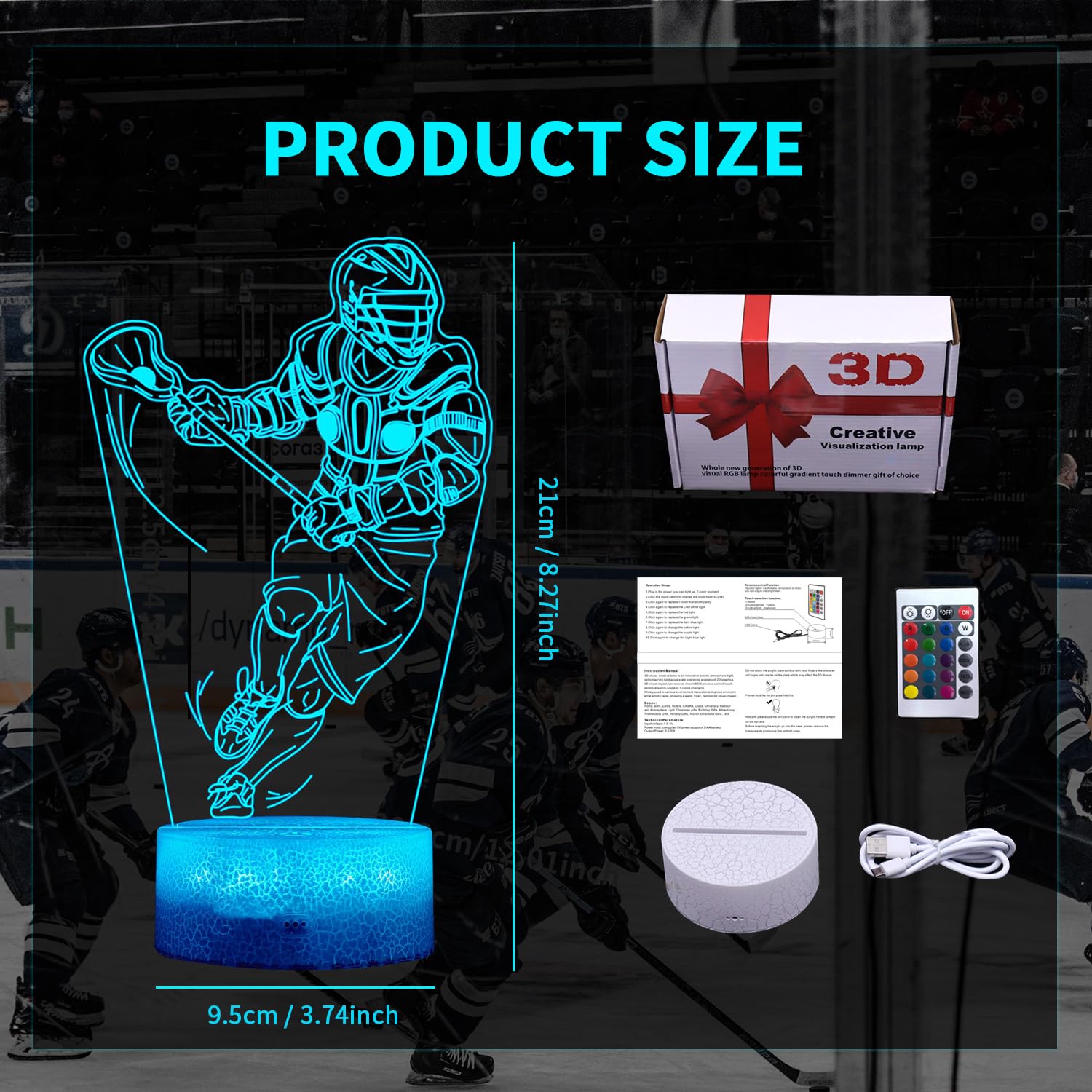 Xonyoom Lacrosse Night Light With Remote Control 3D Lacrosse Player Night Light 16 Colors Changing, Rgb Flashing Mode And Dimmable Table Desk Lamp Home Decoration