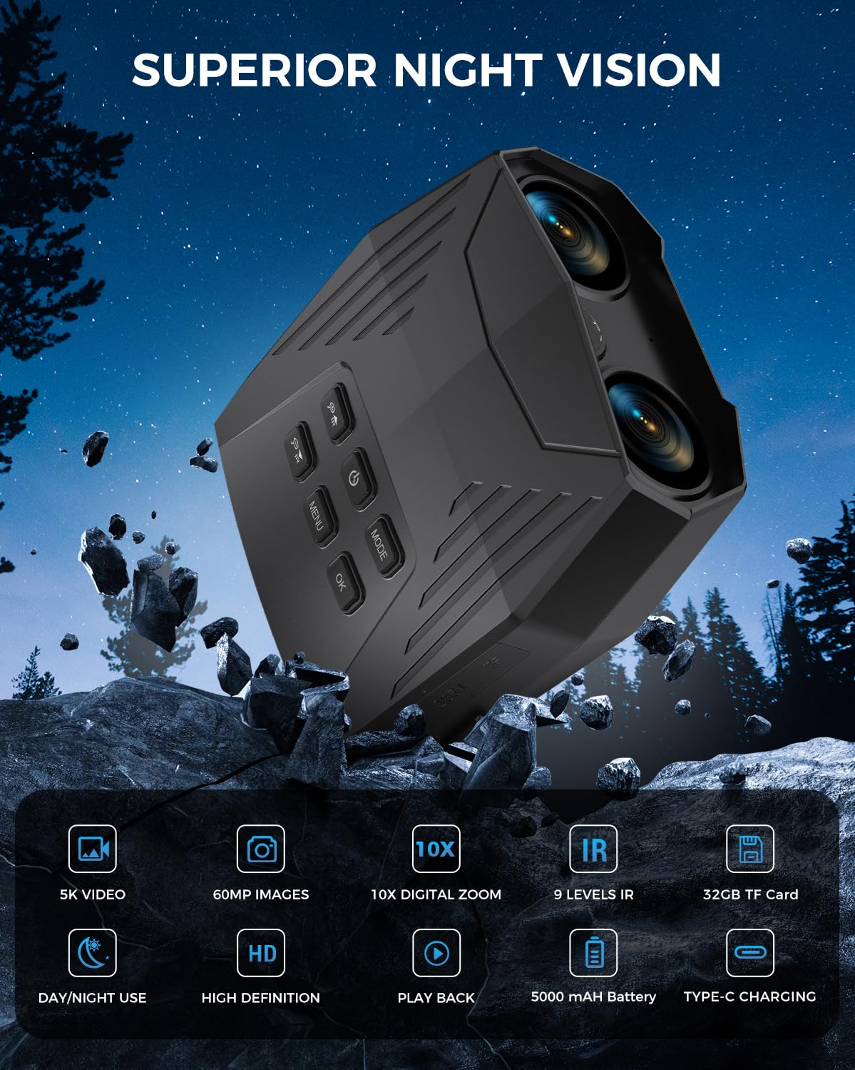 Vtiisamao Night Vision Goggles - 5K Night Vision Binoculars For Adults, 5000Mah Rechargeable Infrared Binoculars With 3'' Large Screen, 10X Digital Zoom External Flashlight For Camping