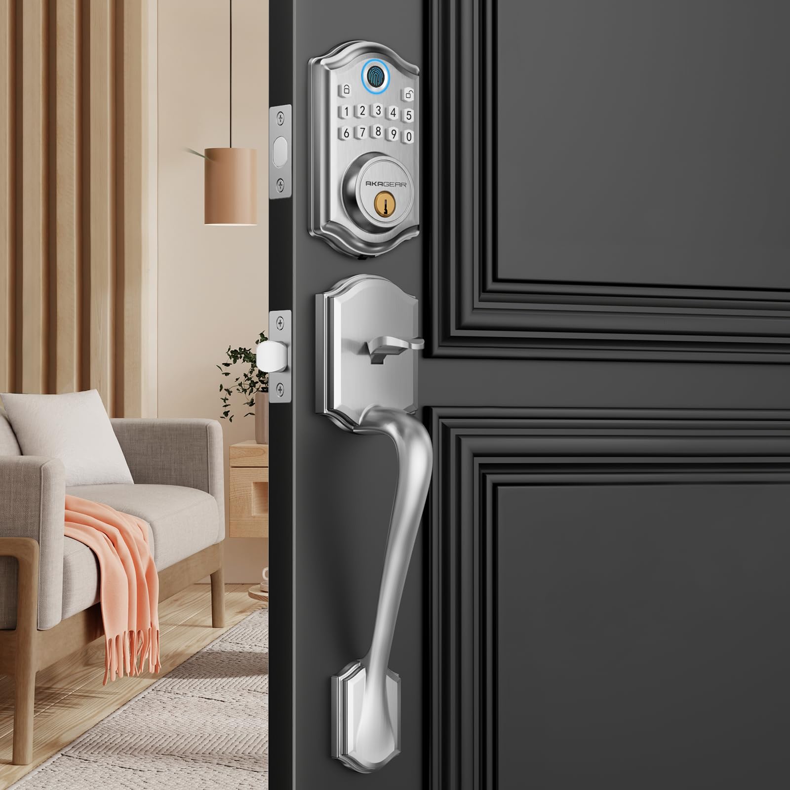 Akagear Keyless Entry Door Lock With Handle Set - Fingerprint Door Locks, Electronic Keypad Deadbolt, Smart Locks For Front Door, Auto-Lock & One Touch Locking, Easy Installation - Satin Nickel