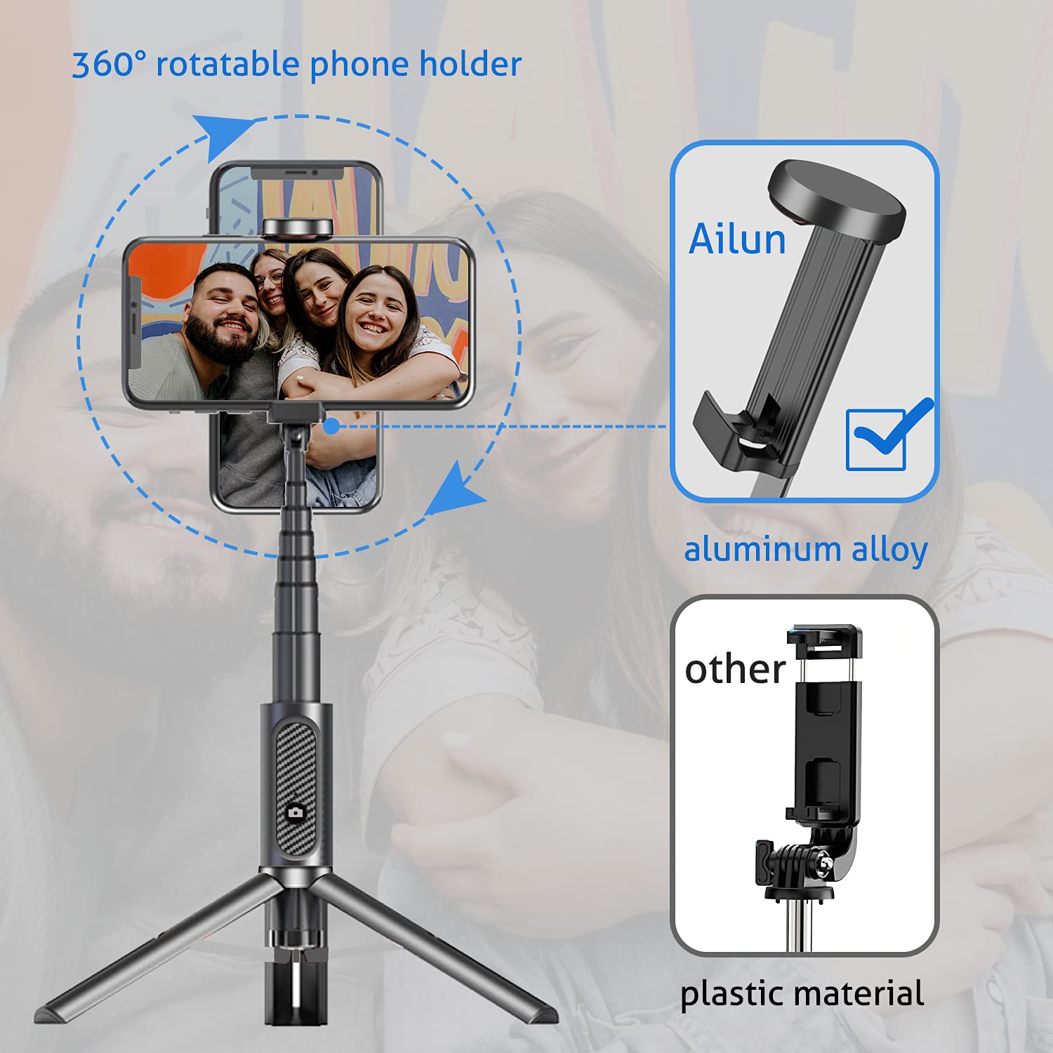 Ailun Selfie Stick Tripod,Extendable Aluminum,3 In 1,Bluetooth Wireless Remote And 360 Rotation Stand For Iphone 16/15/14/13/12/11/11 Pro/Xs Max/Xs/Xr/X/8/7 And More Smartphones
