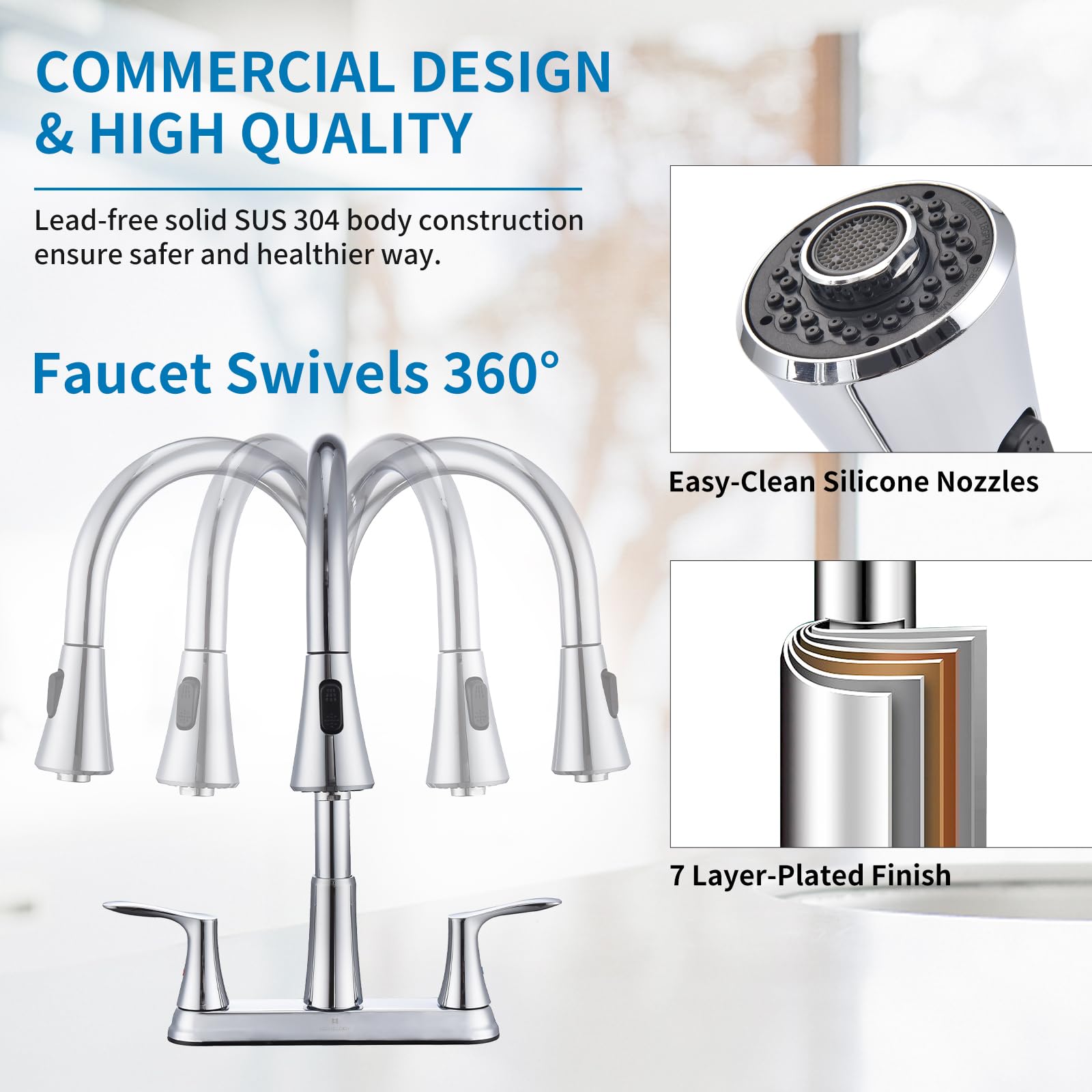 Homelody 2 Handles Kitchen Faucet With Pull Down Sprayer For 3 Hole Sink, 8 Inch 360° Rotating Spout Centerset Kitchen Sink Faucet With Water Lines Chrome