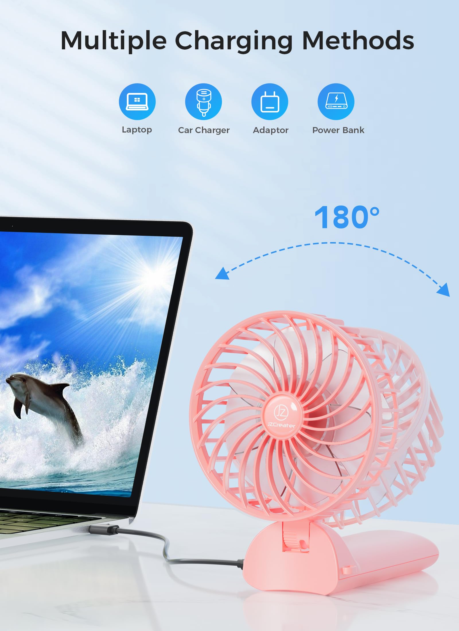 Jzcreater Mini Handheld Fan,Portable Hand Held Fan, 15H Cooling Fan, Quiet 4 Speed, Usb Rechargeable