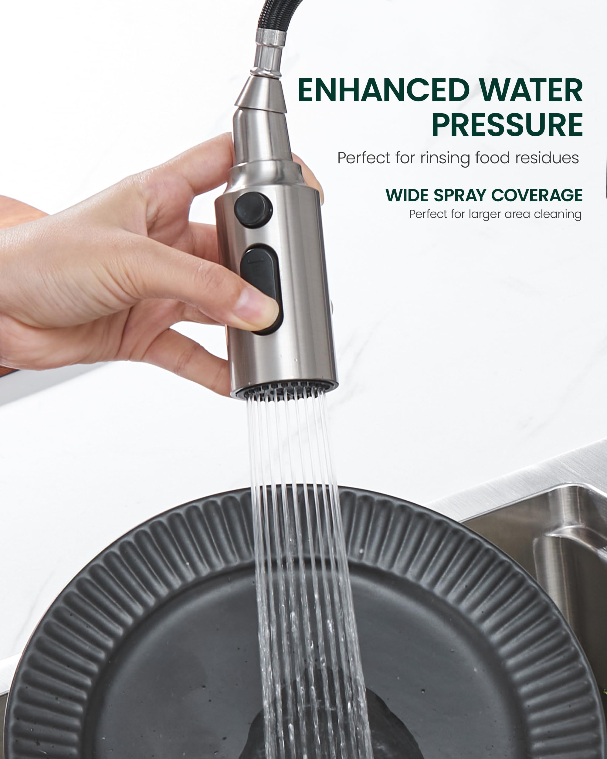 Heisok Kitchen Faucet Spray Head Replacement, Pull Down Faucet Head Replacement With 15 Adapters, 3 Function Spray Nozzle For Kitchen Faucet, Replacement Pull Out Faucet Head, Brushed Nickel