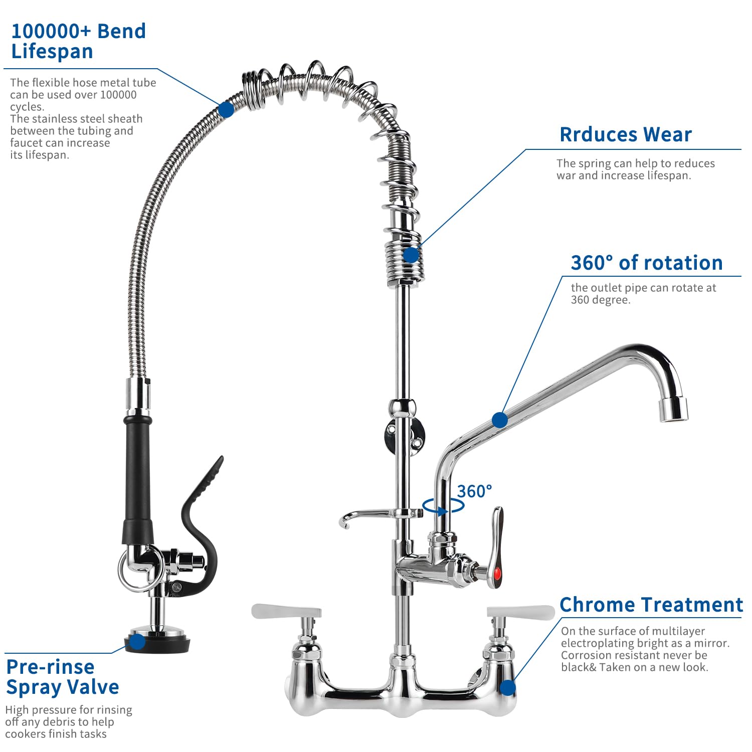 Kwode Commercial Kitchen Faucet With Pre Rinse Sprayer 8 Inch Center Wall Mount Sink Faucet 27" Height 12" Swivel Spout Pull Down Spray Faucet For Restaurant Industrial Compartment Sink, Brass Chrome