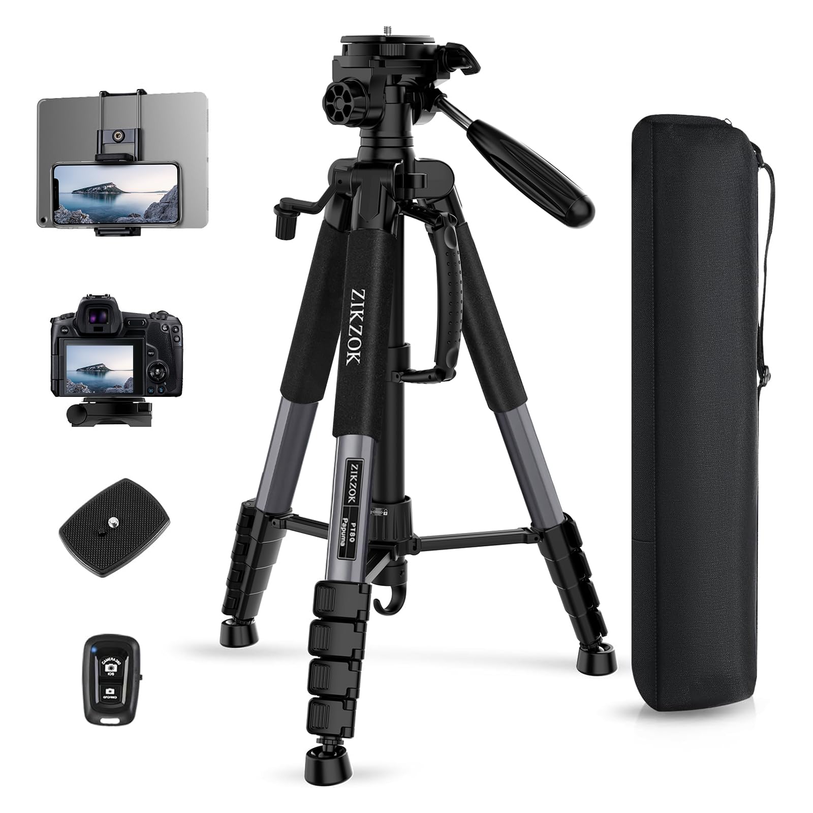 Zikzok 75" Camera Tripod, Heavy Duty Aluminum Camera Stand For Ipad Phone, Travel Tripod With Remote/Carry Bag/Phone Tablet Holder, Compatible With Dslr, Spotting Scopes, Max Load 15 Lb(Grey)