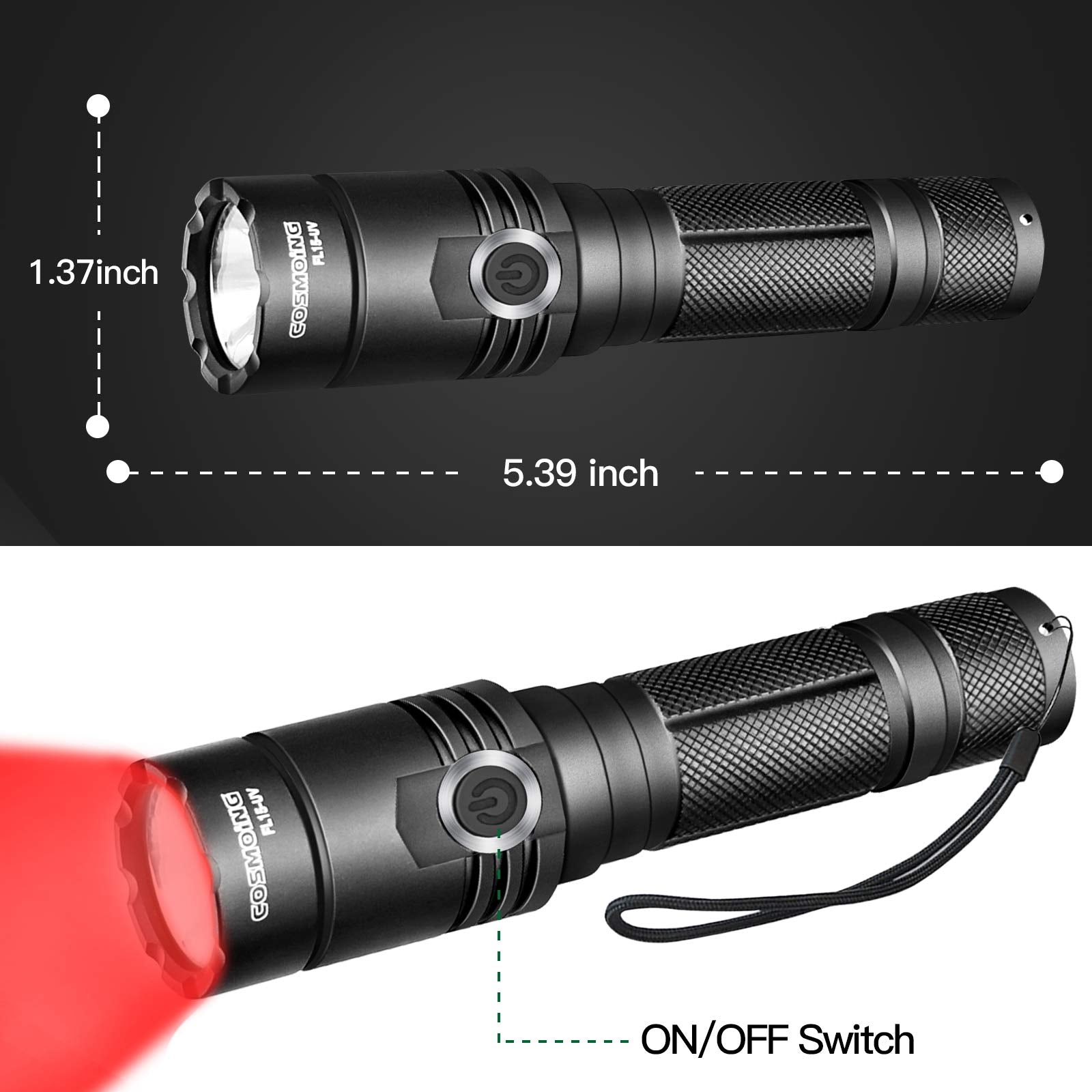 Cosmoing High Power Red Led Flashlight Rechargeable, 300 Yards Red Flashlight Ip65 Waterproof Red Light Torch For Night Observation, Camping