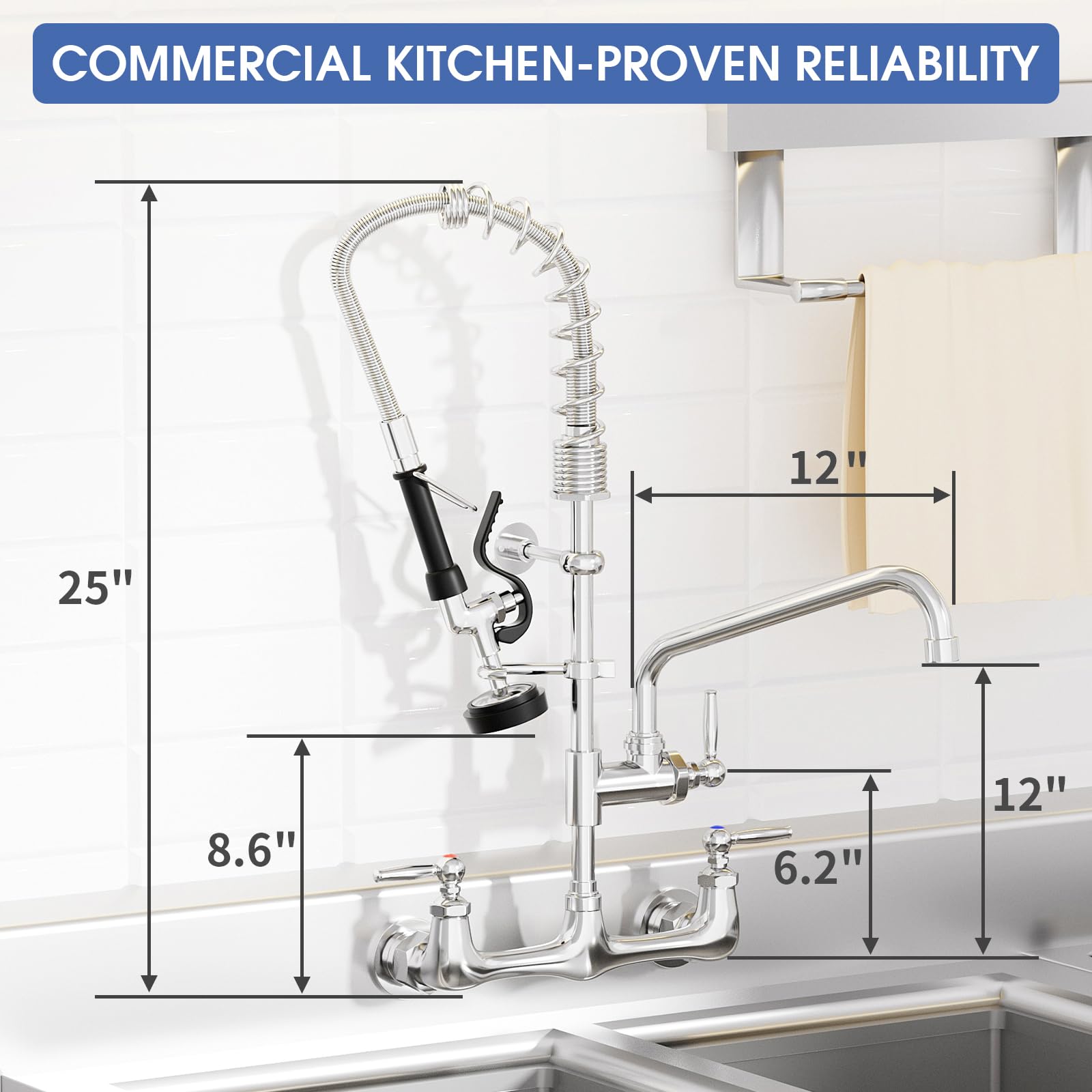 Nymeliu Commercial Faucet With Sprayer, 25'' Height Wall Mount Faucet, 8 Adjustable Center, 12'' Swing Spout, Pre Rinse Sprayer For Commercial Kitchen Compartment Sink, Chrome, Industrial