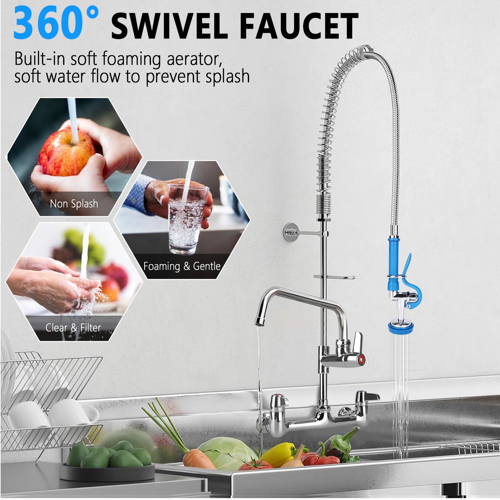 Bzimak 43" Commercial Sink Faucet,Commercial Faucet With Pre-Rinse Sprayer, 8" Adjustable Center & 360° 12Inch Swing Spout, Wall Mount C Ommercial Kitchen Fa Ucet With Sprayer For 1/2/3 Compartment Sink