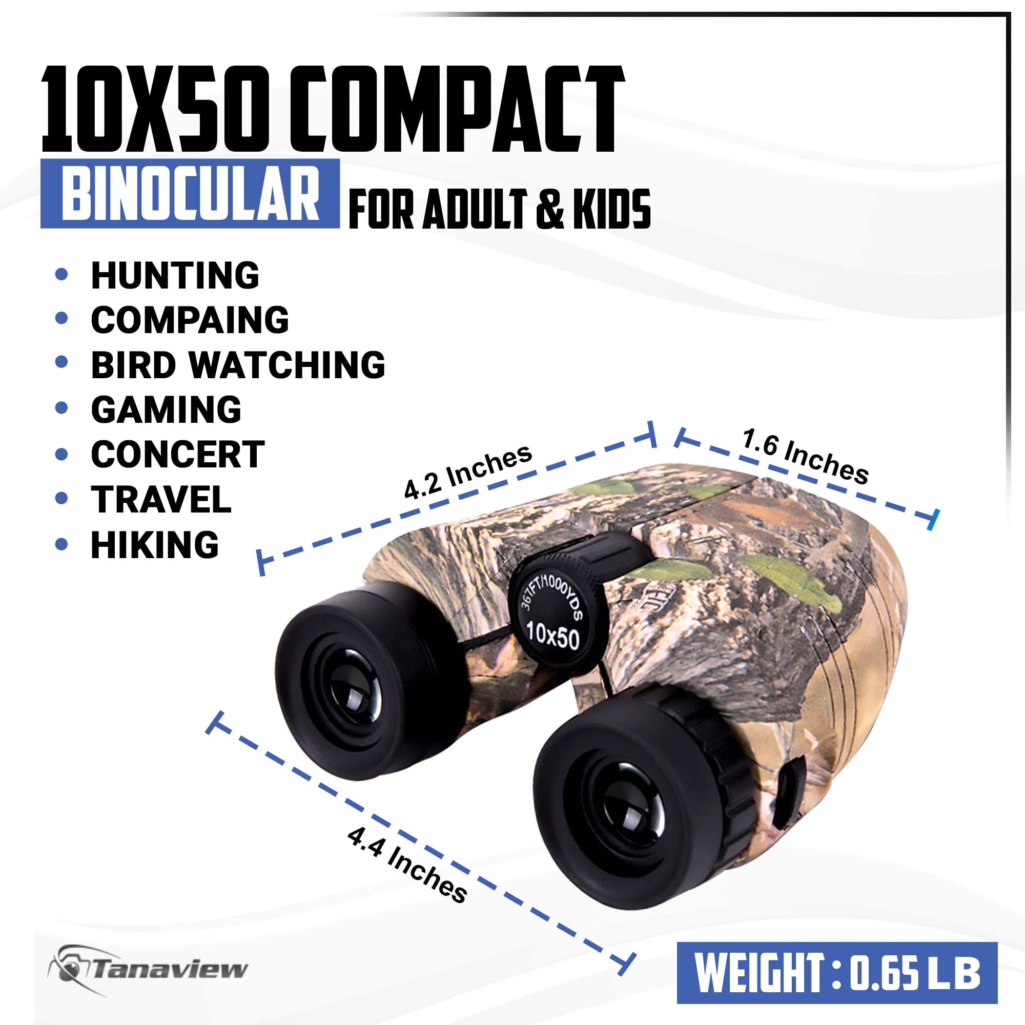 Tanaview 10X50 Compact Binoculars For Adults - Long Distance View, High Powered Binoculars With Travel Case - Lightweight, Large Eyepiece, Water & Fog Proof - Hunting, Bird Watching, Cruise
