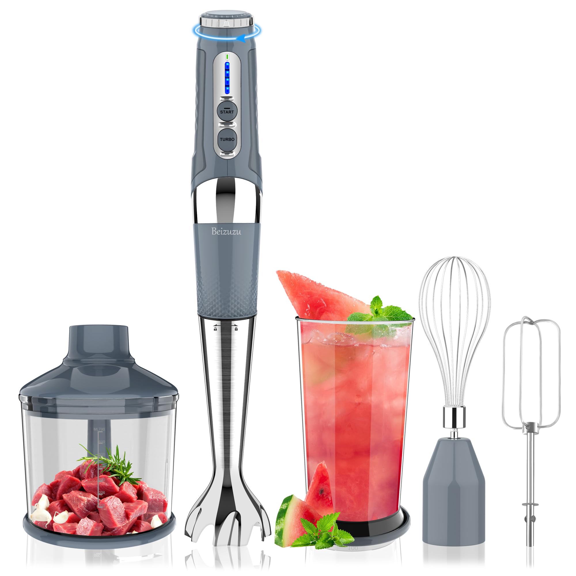 Beizuzu Cordless Immersion Blender: 4-In-1 Rechargeable Cordless Hand Blender, 21-Speed & 3-Angle Adjustable With Chopper, Beaker, Whisk, Beater For Milkshakes Smoothies Soup Baby Food (Grey)