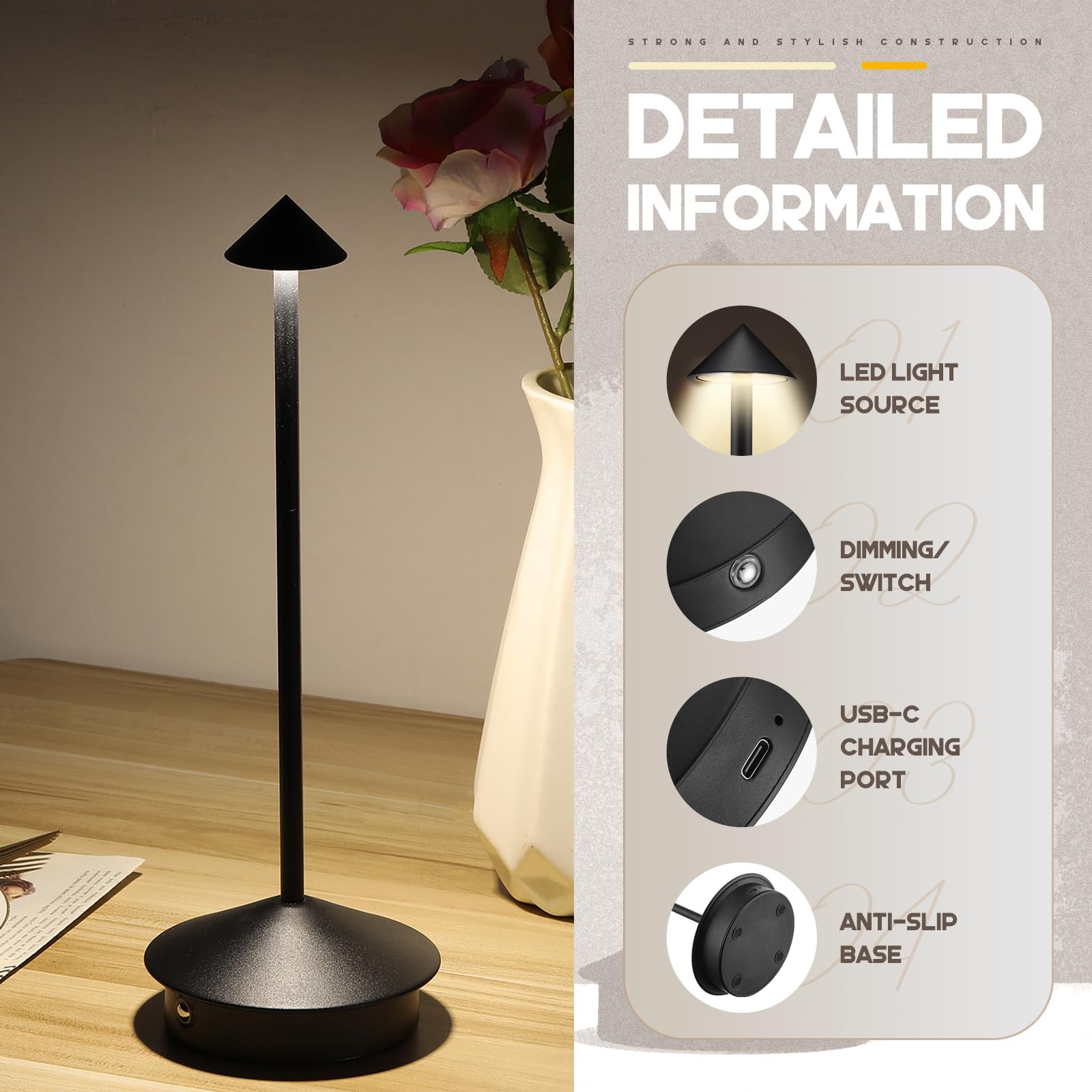 Vihose 2 Pack Cordless Table Lamp Rechargeable Led Modern Minimalist Table Lamp Portable Desk Lamps 5000 Mah 3 Level Brightness Dimmable Light Lamps For Living Room Restaurant Outdoor