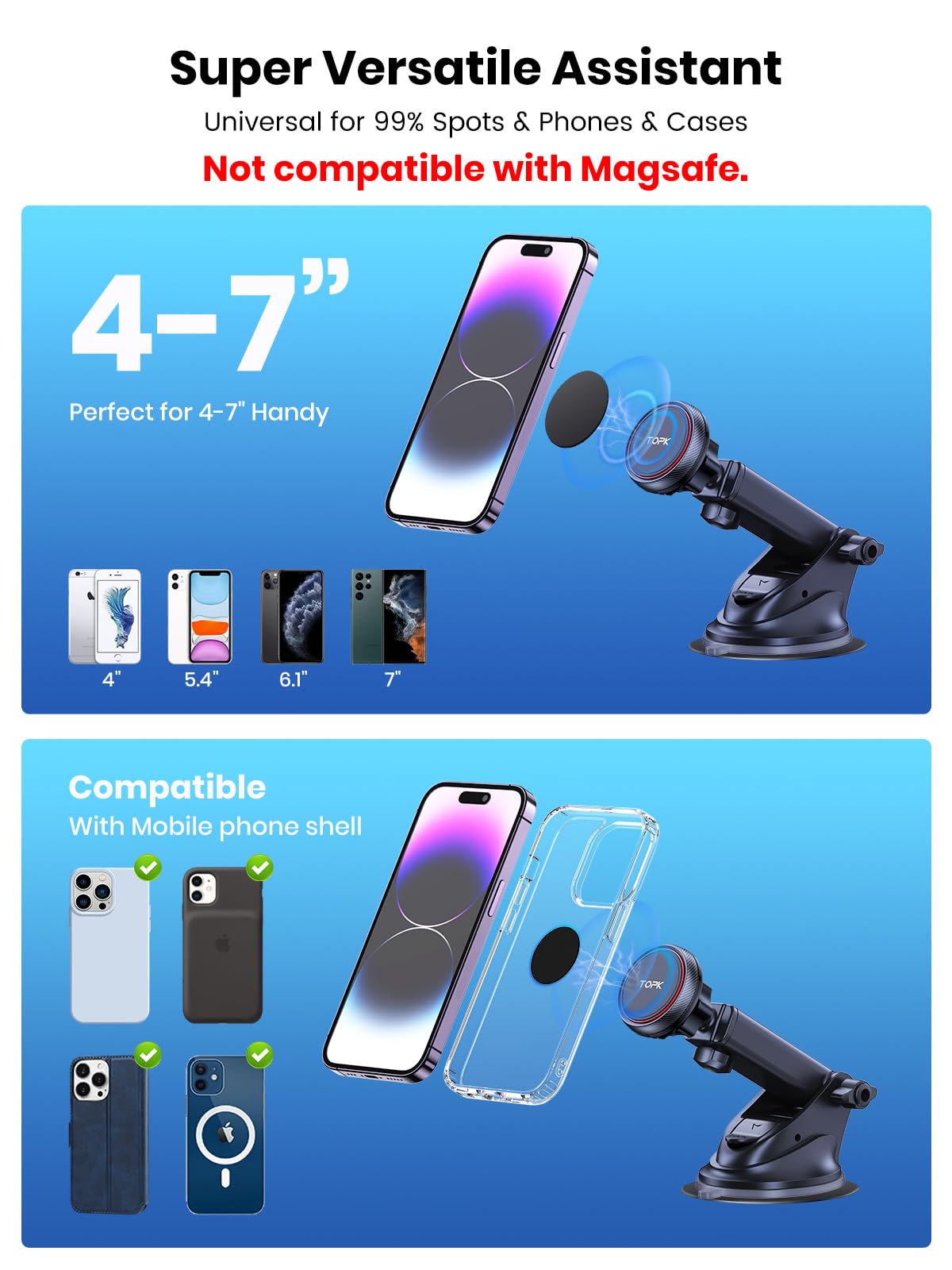Topk Car Phone Holder Mount, Magnetic Phone Holder For Car Windshield And Dashboard, Adjustable Long Arm With Strongest Magnet For All Cellphones