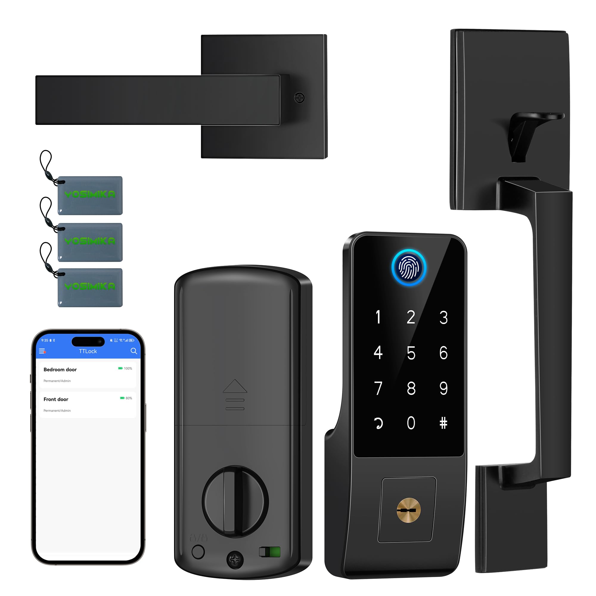 Yosimika Smart Lock For Front Door,5-In-1 Keyless Entry Door Lock Deadbolt,App Controll Keypad Deadbolt Lock With Handle,Smart Digital Code Deadbolt,Black